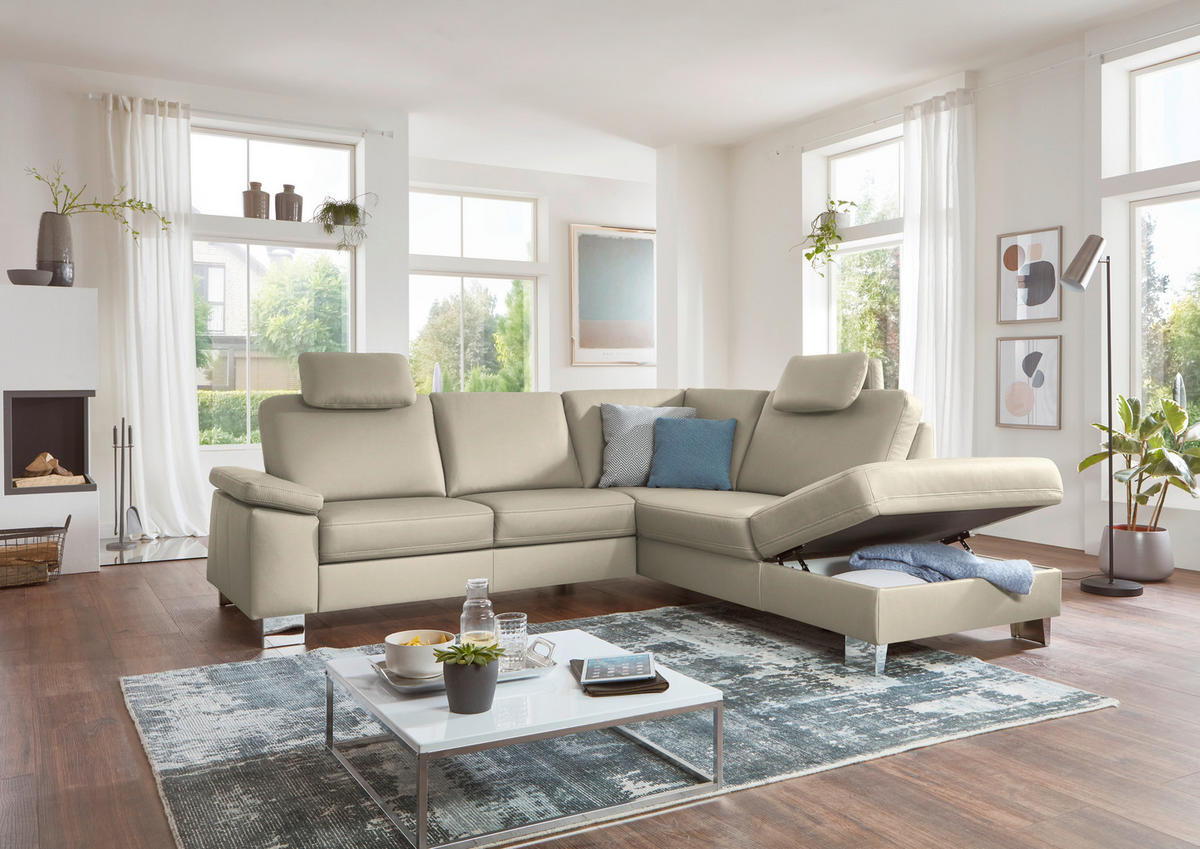 ECKSOFA  in Echtleder Ecru  248/235 cm  - Ecru/Alufarben, Design, Leder/Metall (248/235cm) - Beldomo Premium