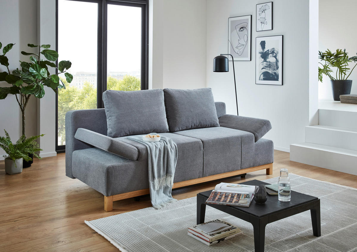 SCHLAFSOFA Webstoff Grau  - Eichefarben/Grau, KONVENTIONELL, Holz/Textil (202/90/97cm) - Carryhome
