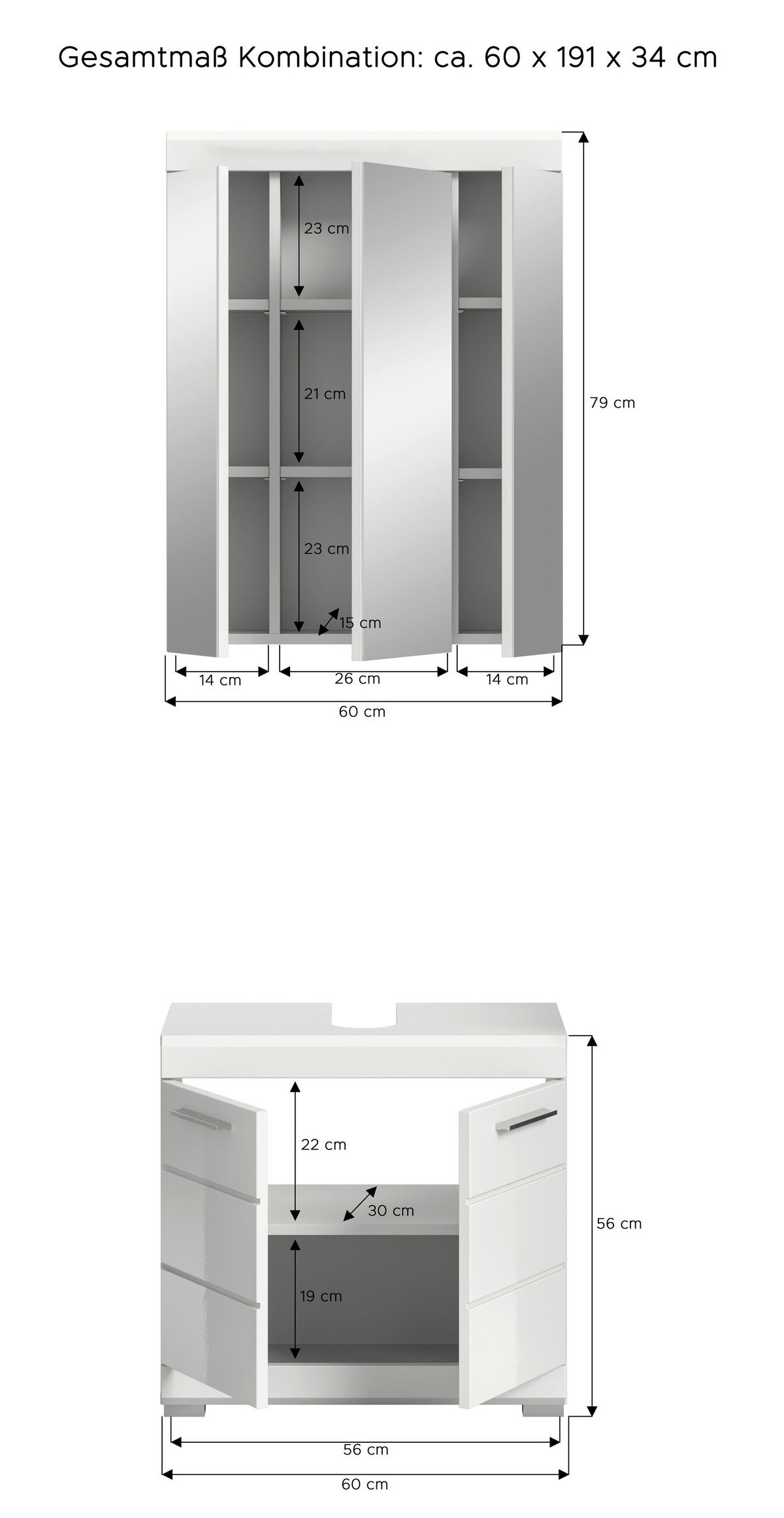 BADEZIMMER 2-teilig  in 60 cm  - Weiß Hochglanz/Silberfarben, MODERN, Glas/Holzwerkstoff (60cm) - MID.YOU