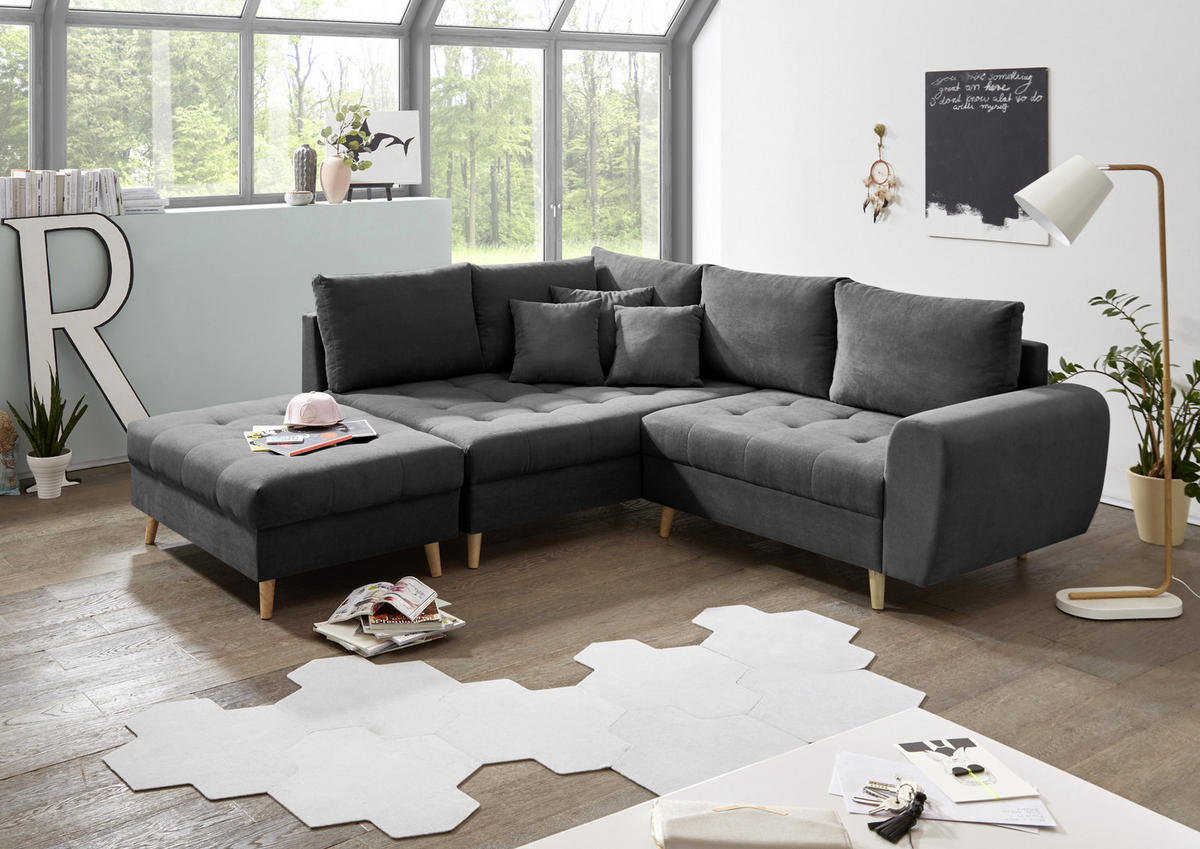 ECKSOFA in Mikrovelours Anthrazit  - Anthrazit/Kieferfarben, Konventionell, Holz/Holzwerkstoff (175/249cm) - MID.YOU
