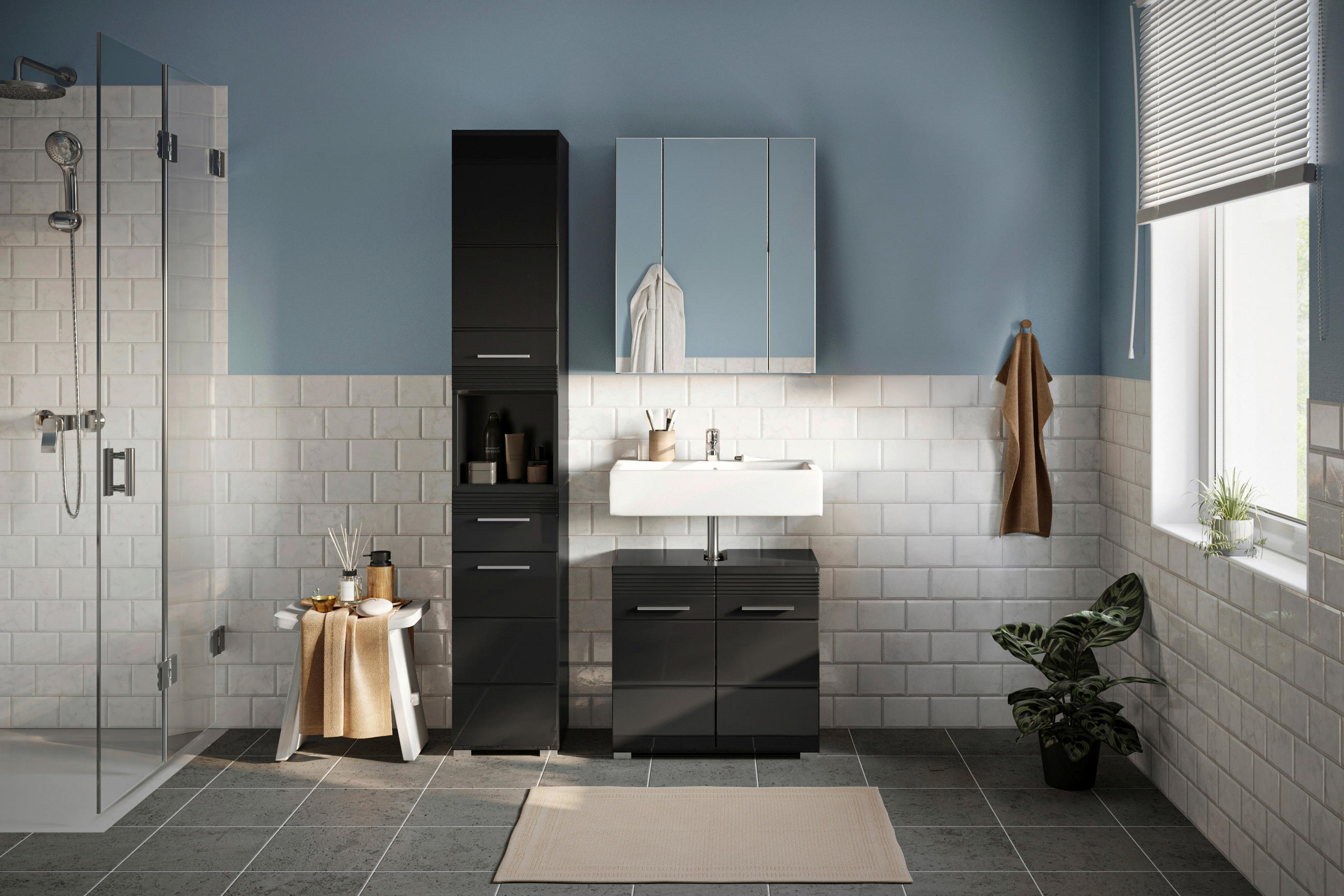 BADEZIMMER 3-teilig  in 90 cm  - Schwarz Hochglanz/Silberfarben, MODERN, Holzwerkstoff/Kunststoff (90cm) - MID.YOU