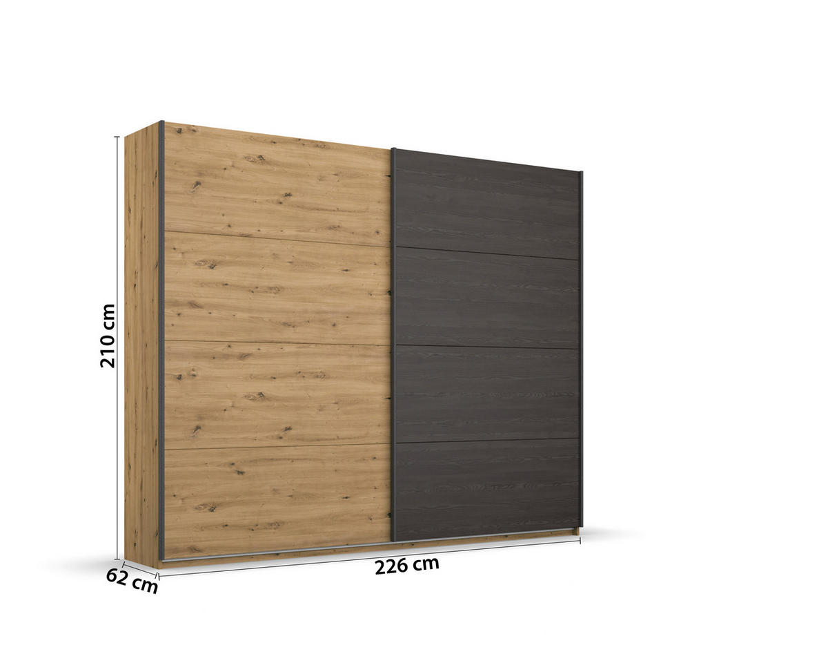 GARDEROB MED SKJUTDÖRRAR 226/210/62 cm 2-dörrar - svart/ek Artisan, Modern, metall/trämaterial (226/210/62cm) - Rauch Möbel