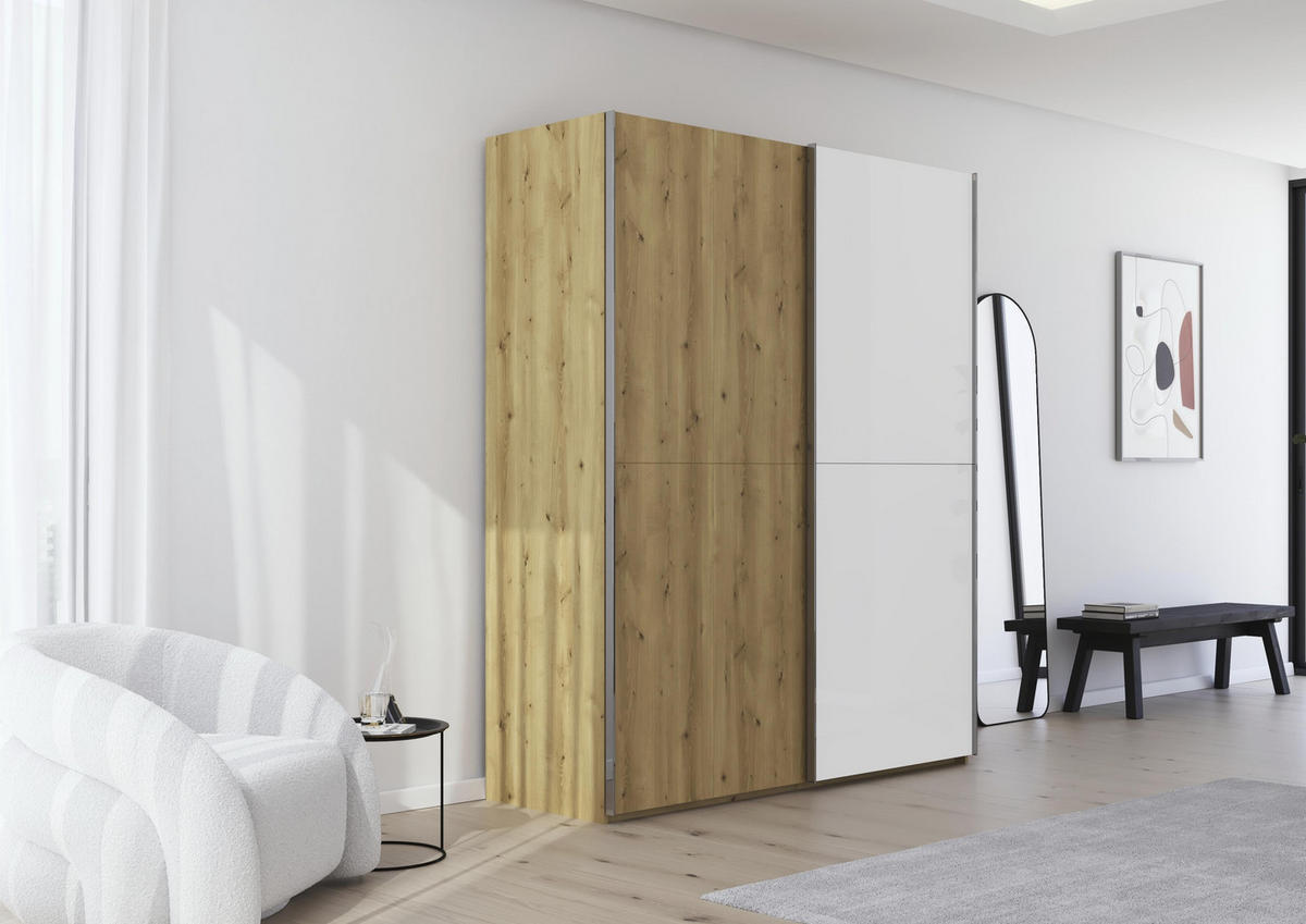 SCHWEBETÜRENSCHRANK 180/223/68 cm 2-türig Weiß, Eichefarben, Chromfarben  - Chromfarben/Eichefarben, Design, Glas/Holz (180/223/68cm) - Novel