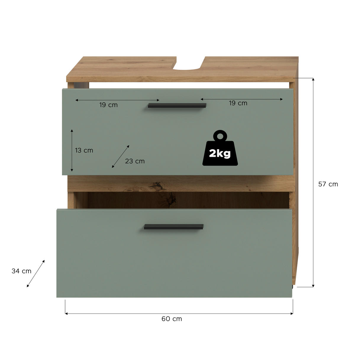 WASCHBECKENUNTERSCHRANK 60/57/34 cm  - Salbeigrün/Schwarz, Trend, Holzwerkstoff/Kunststoff (60/57/34cm) - MID.YOU
