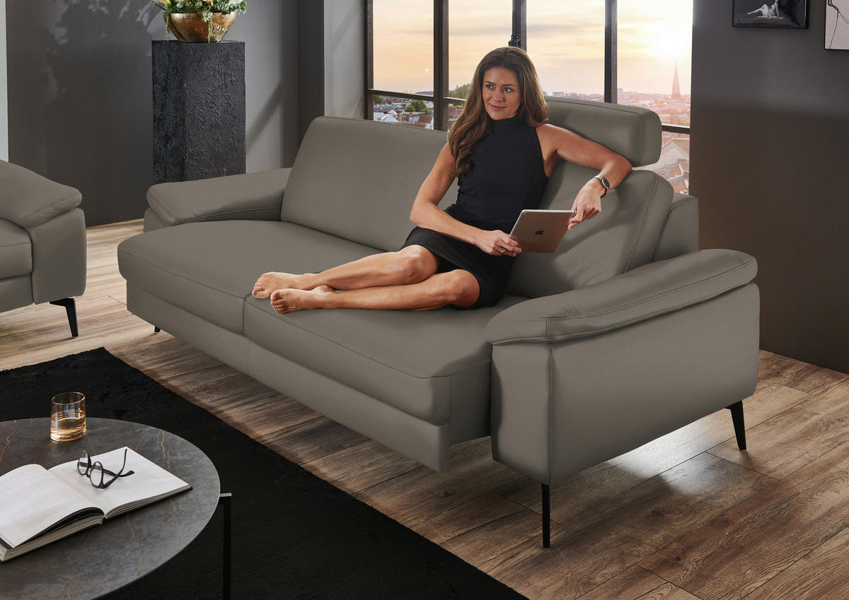 3-SITZER-SOFA in Echtleder Grau  - Schwarz/Grau, Design, Leder/Metall (224/88/100cm) - Valdera