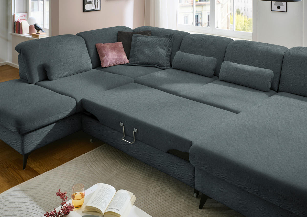 WOHNLANDSCHAFT Chenille Blau  - Blau/Schwarz, Design, Textil/Metall (255/364/198cm) - Beldomo Style