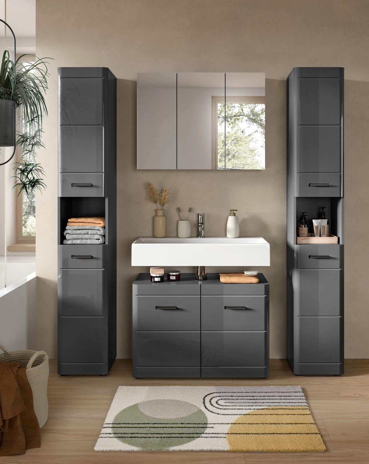 BADEZIMMER 4-teilig  in 150 cm  - Grau Hochglanz/Schwarz, MODERN, Holzwerkstoff/Kunststoff (150cm) - MID.YOU