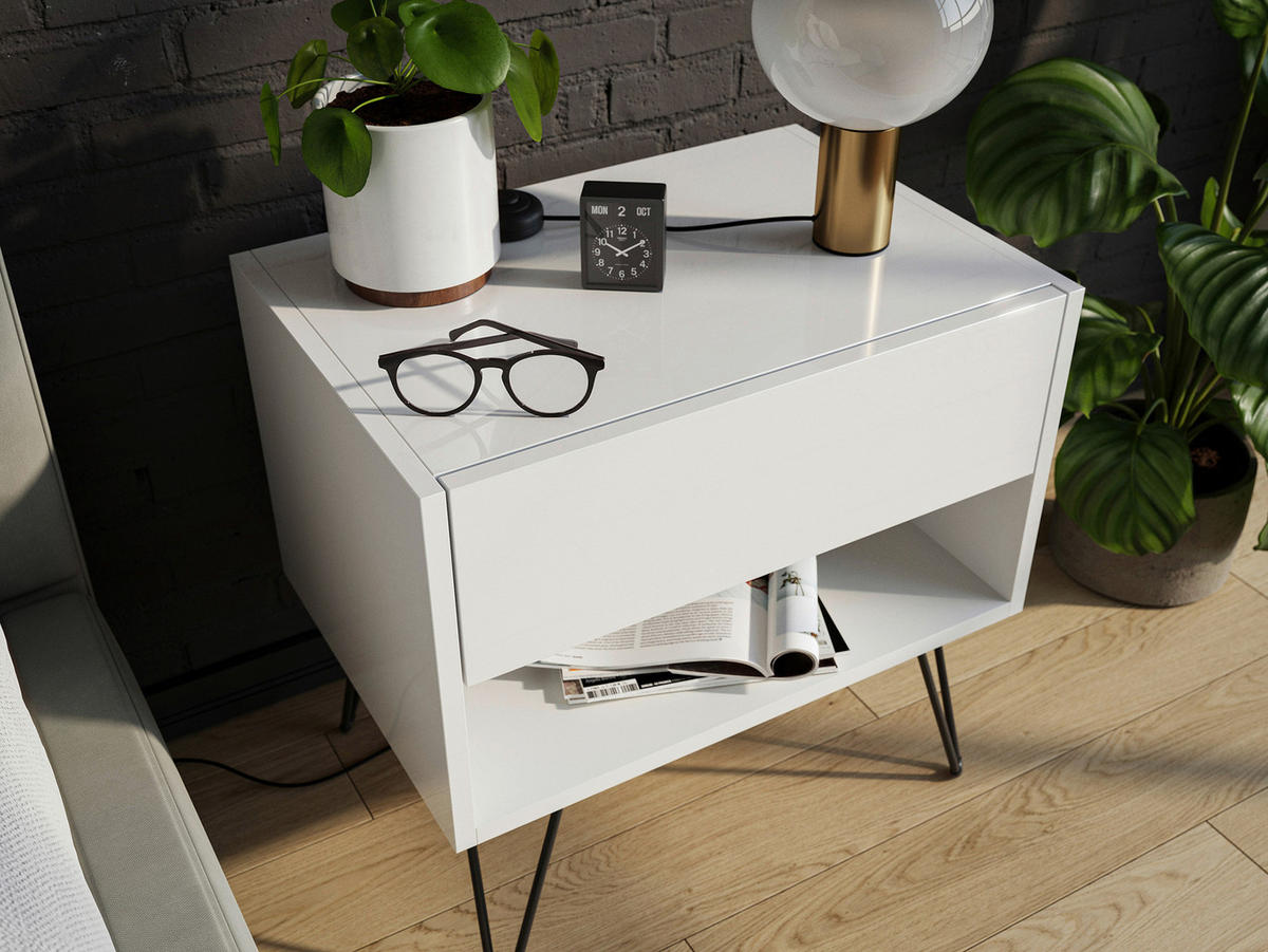 NACHTTISCH 51,2/50/35,6 cm  in Weiß Hochglanz  - Weiß Hochglanz/Schwarz, Basics, Holzwerkstoff/Metall (51,2/50/35,6cm) - MID.YOU