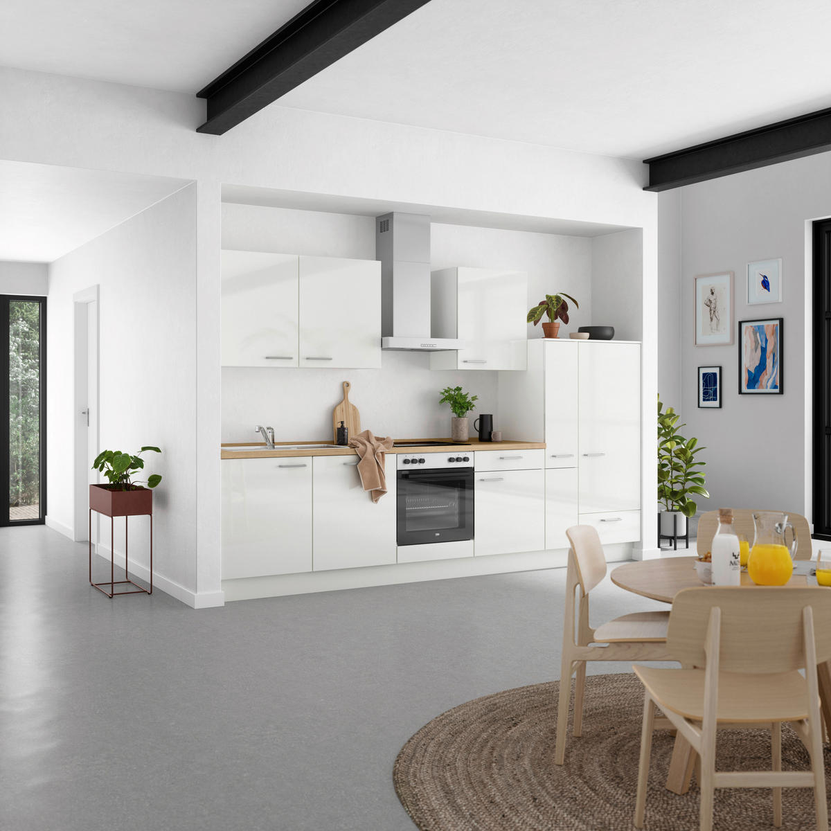 KÜCHENLEERBLOCK 330 cm   in Eichefarben, Weiß Hochglanz  - Edelstahlfarben/Eichefarben, MODERN, Holzwerkstoff/Metall (330cm) - Nobilia