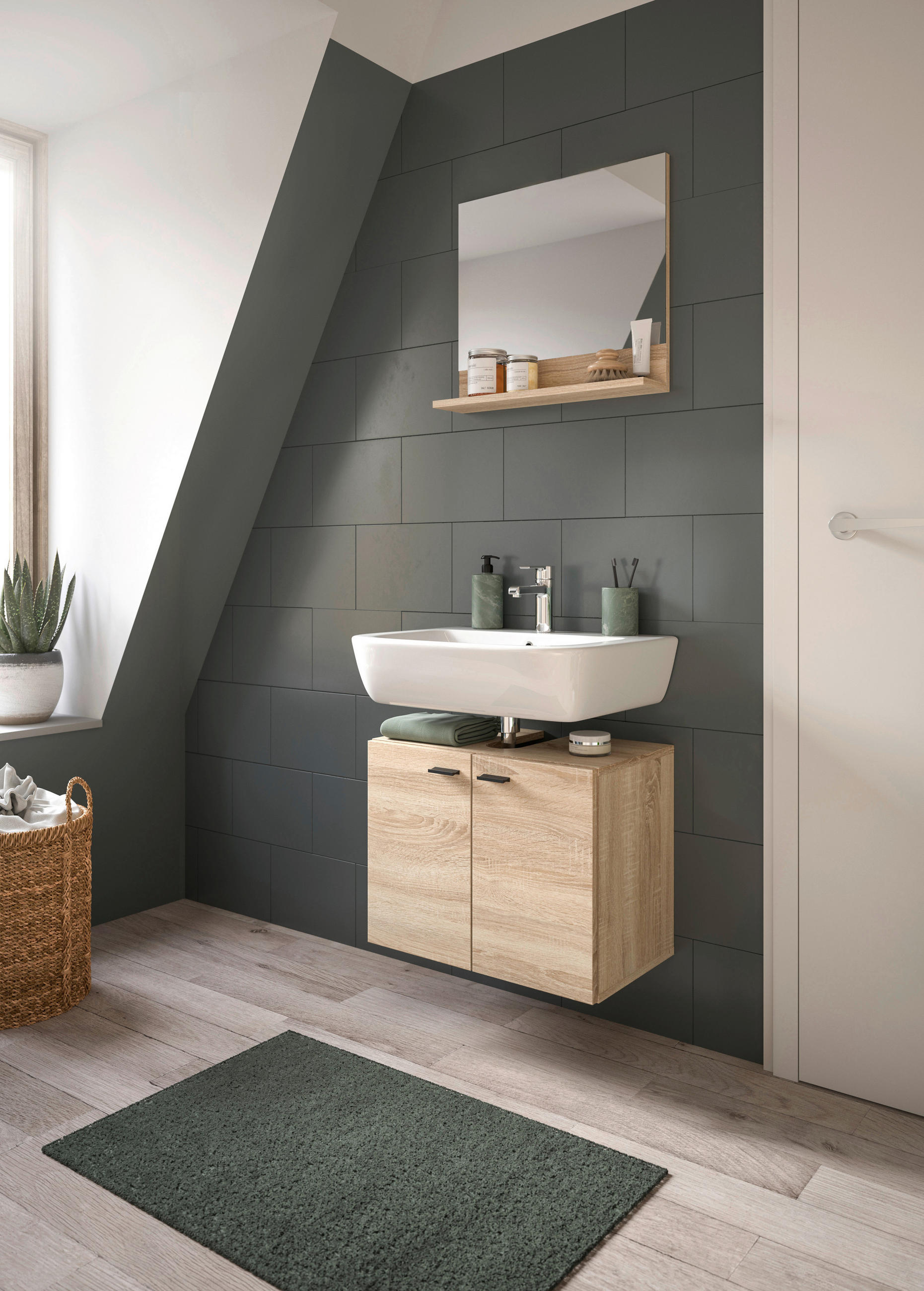 BADEZIMMER 2-teilig in 57 cm - Schwarz/Sonoma Eiche, MODERN, Glas/Holzwerkstoff (57cm) - MID.YOU