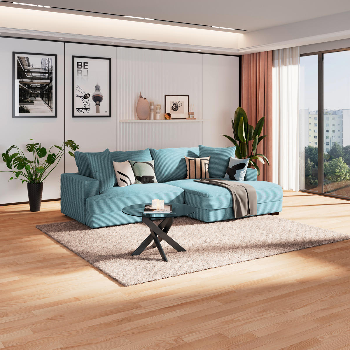 ECKSOFA Türkis Cord  - Türkis/Schwarz, MODERN, Textil (265/180cm) - P & B