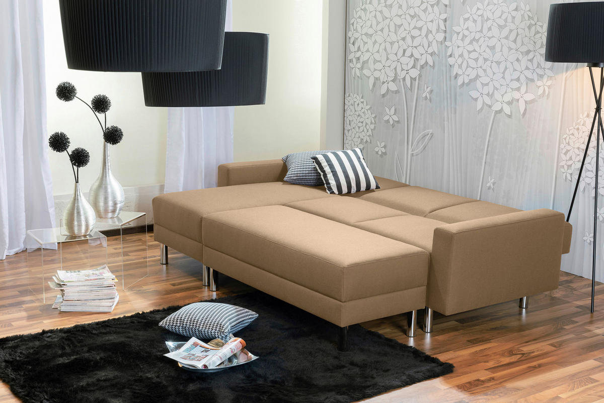 ECKSCHLAFSOFA inkl. Hocker in Sandfarben Textil   - Sandfarben/Chromfarben, Konventionell, Textil/Metall (152/230cm) - Max Winzer