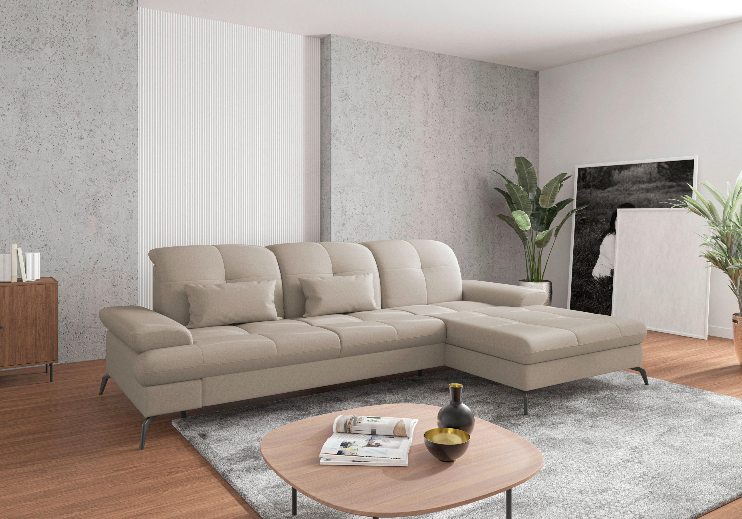 ECKSOFA Taupe Flachgewebe Bettkasten, Armteilverstellung, Kopfteilverstellung, Sitztiefenverstellung, Liegefläche im Originalstoff  - Taupe/Schwarz, KONVENTIONELL, Textil/Metall (279/185cm) - Sit & More