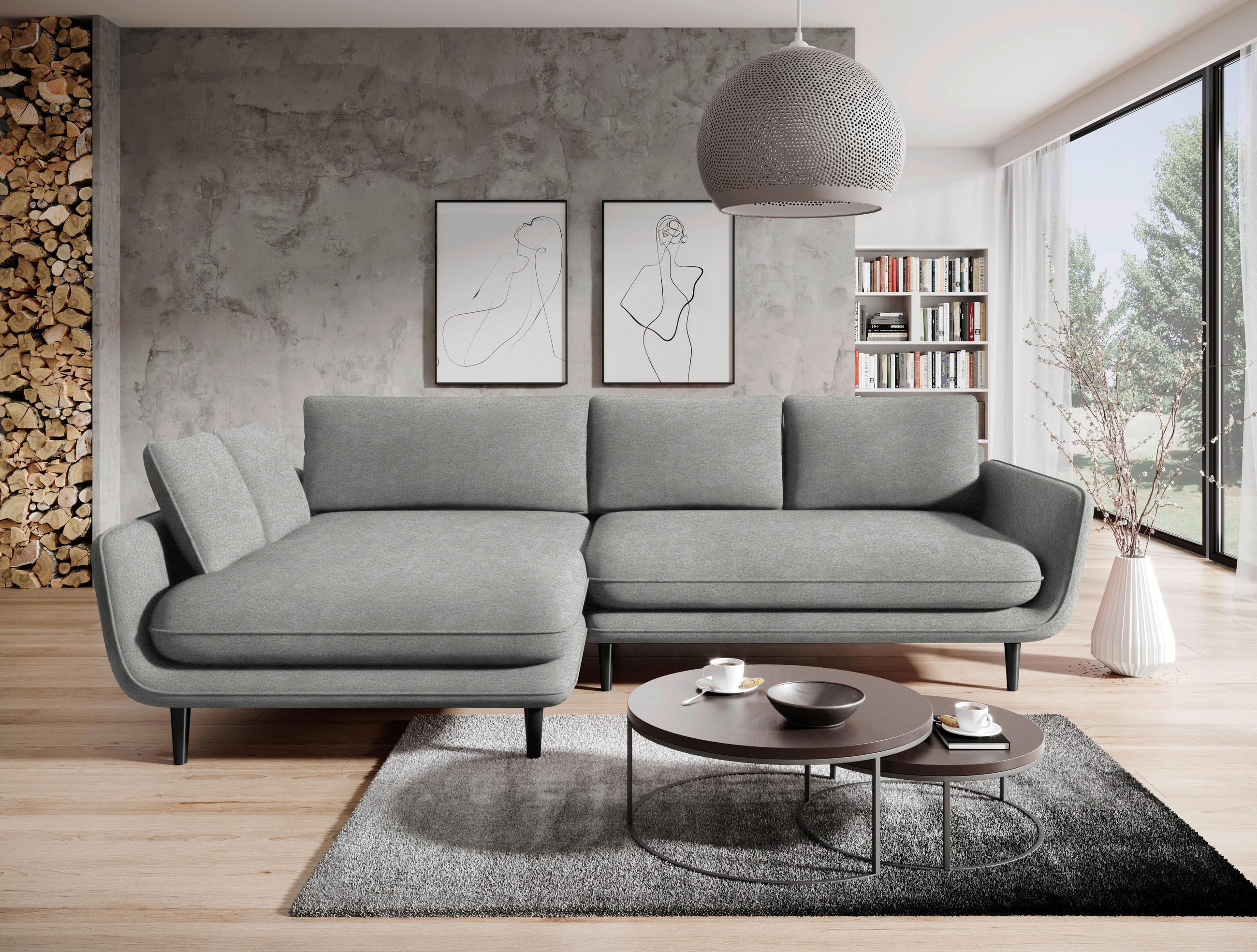 ECKSOFA in Velours Hellgrau  - Hellgrau/Schwarz, Design, Holz/Textil (167/260cm) - Welnova