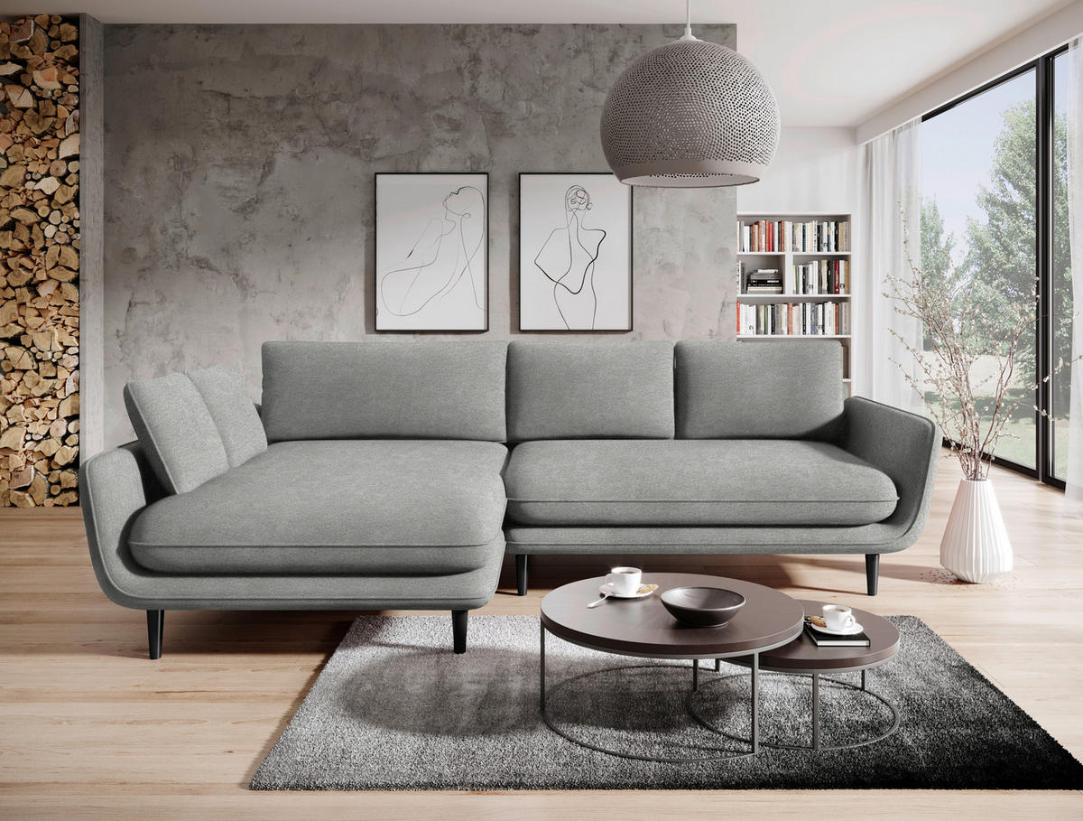ECKSOFA in Velours Hellgrau  - Hellgrau/Schwarz, Design, Holz/Textil (167/260cm) - Welnova