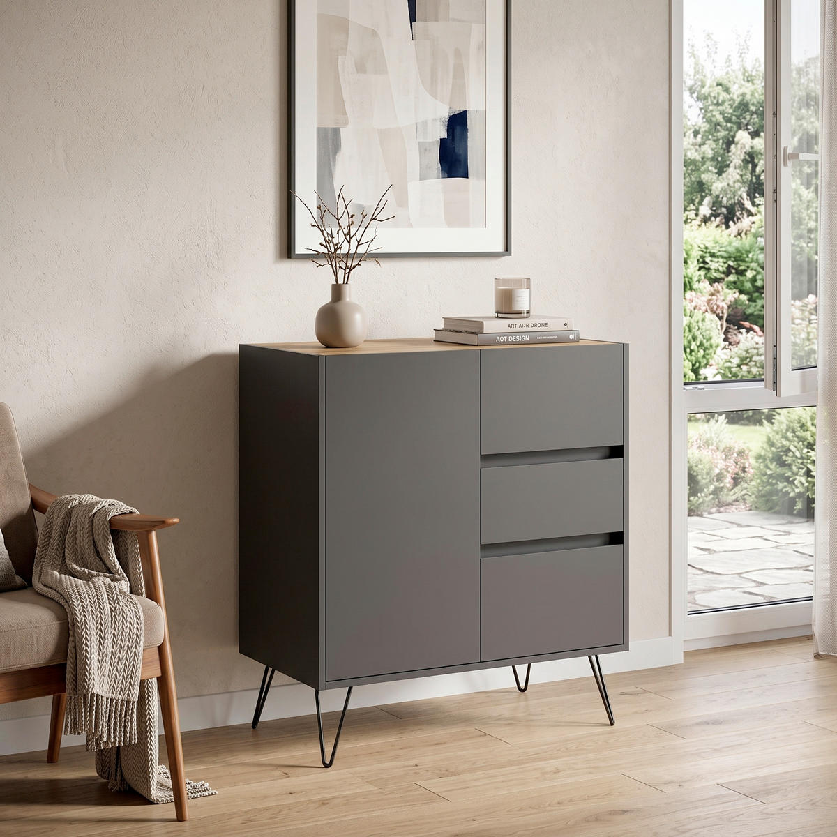 SIDEBOARD Posseik Industrial 76/93,6/42 cm 3 Schublade(n)  - Eichefarben/Graphitfarben, Design, Holzwerkstoff/Metall (76/93,6/42cm) - MID.YOU