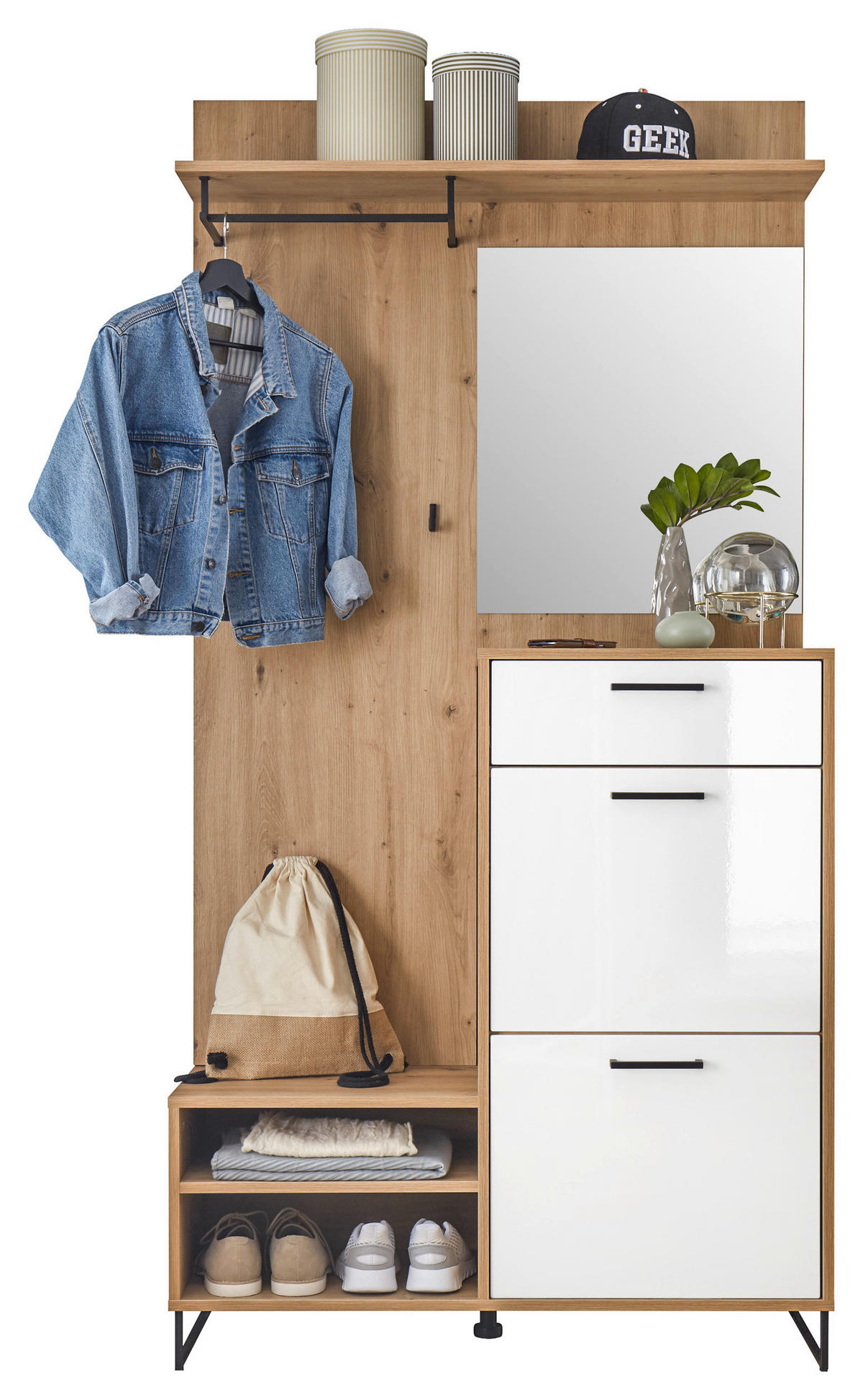 SISTEM ZA PREDSOBLJE  boja hrasta, bela  - boja hrasta/bela, Dizajnerski, pločasti materijal (100/200/38,5cm) - Xora