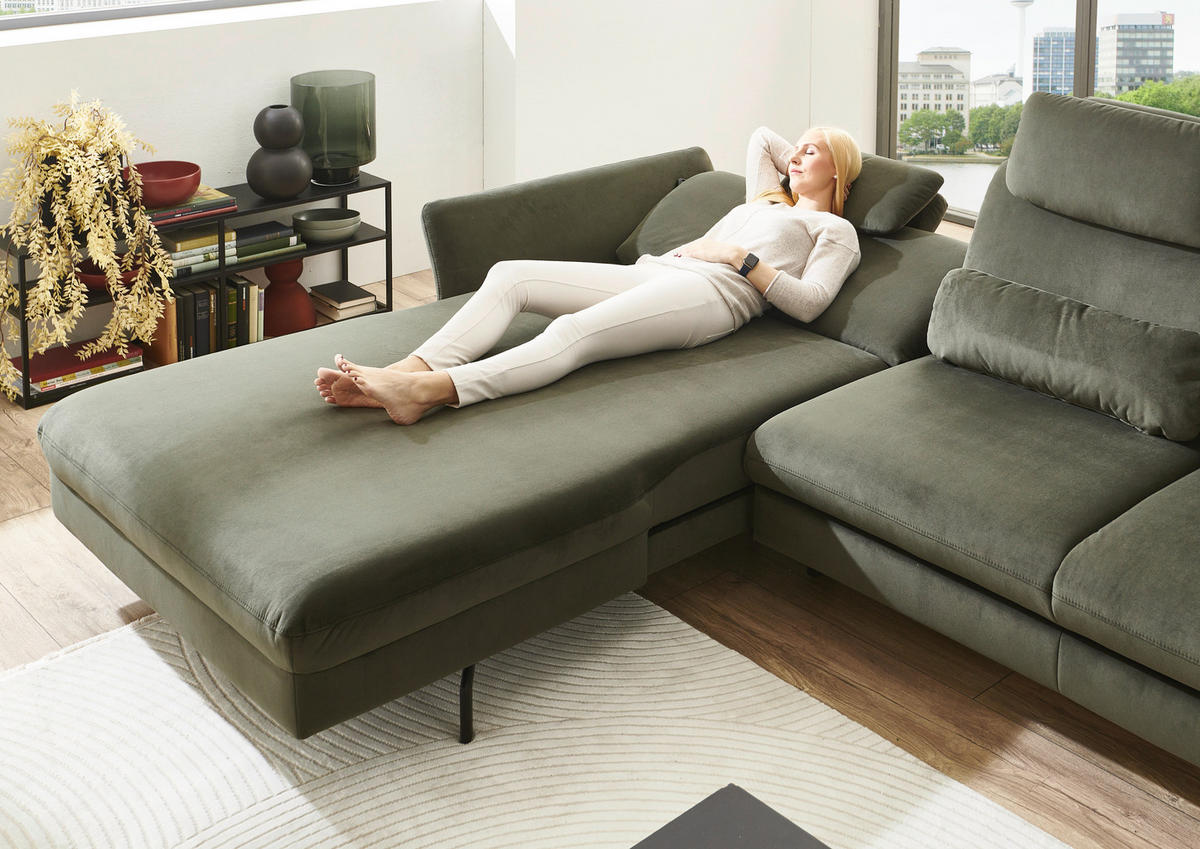 ECKSOFA in Velours Olivgrün  - Schwarz/Olivgrün, Design, Textil/Metall (179/306cm) - Beldomo System