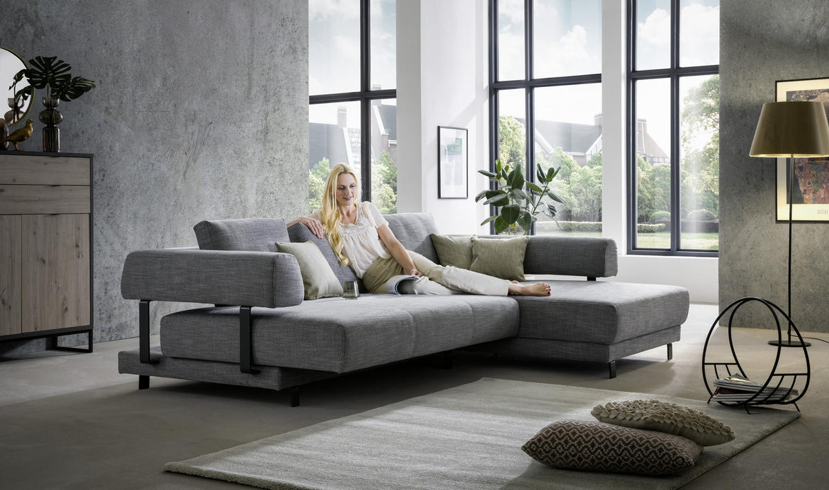 ECKSOFA Grau Flachgewebe  - Schwarz/Grau, Design, Textil/Metall (279/202cm)