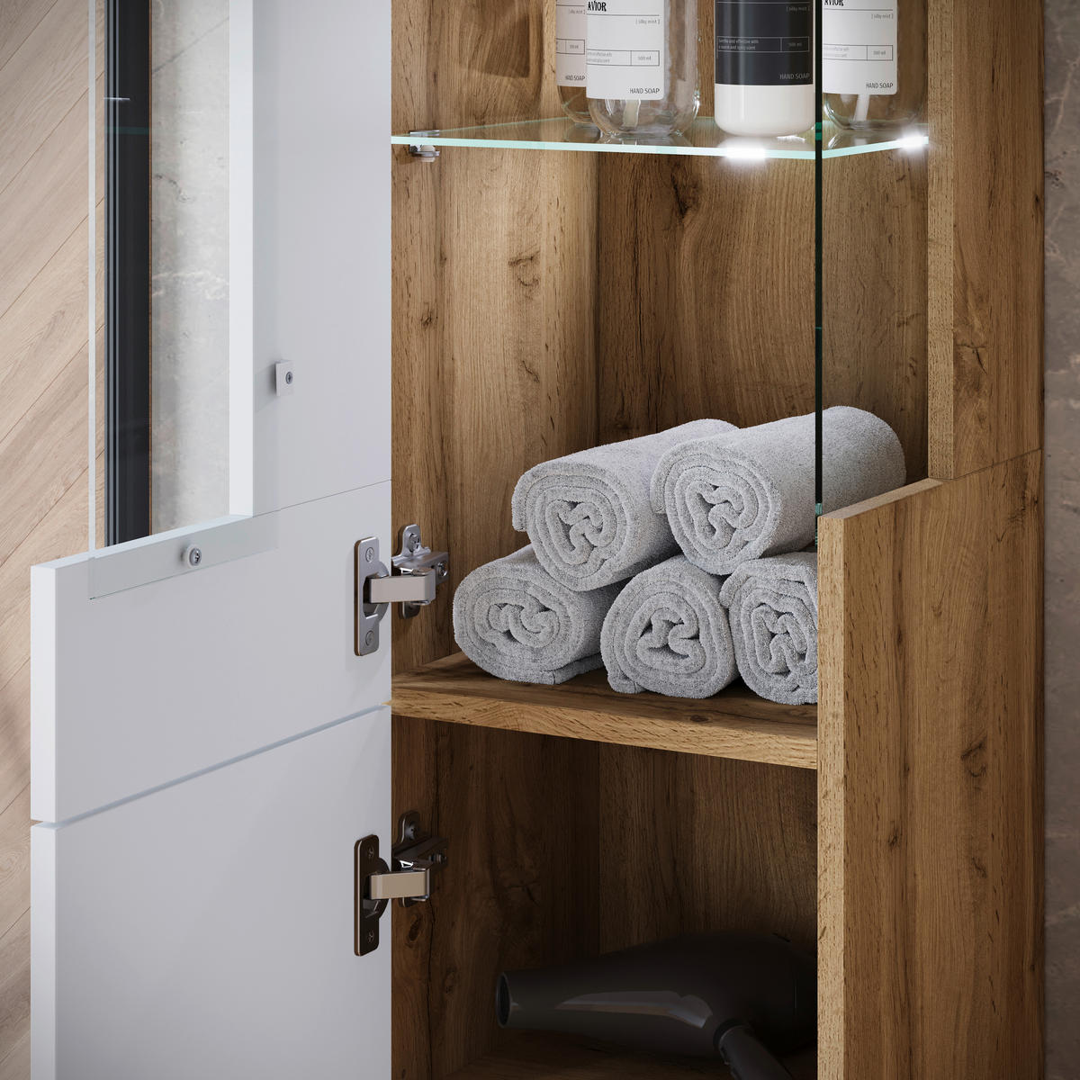 BADEZIMMER 5-teilig  in 120,4 cm  - Weiß Hochglanz/Eiche Wotan, Trend, Glas/Keramik (120,4cm) - P & B