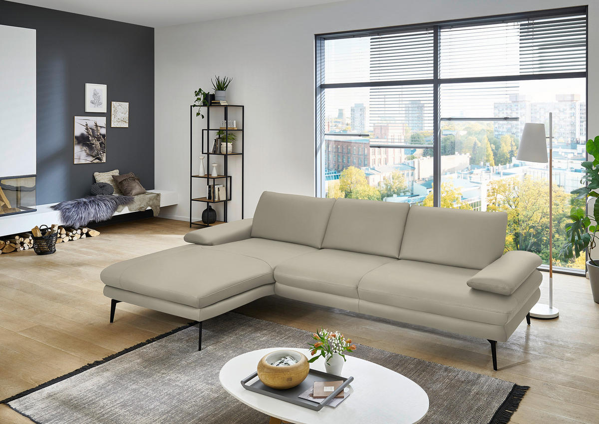 ECKSOFA in Echtleder Ecru  - Ecru/Schwarz, Design, Leder/Metall (180/310cm) - Dieter Knoll