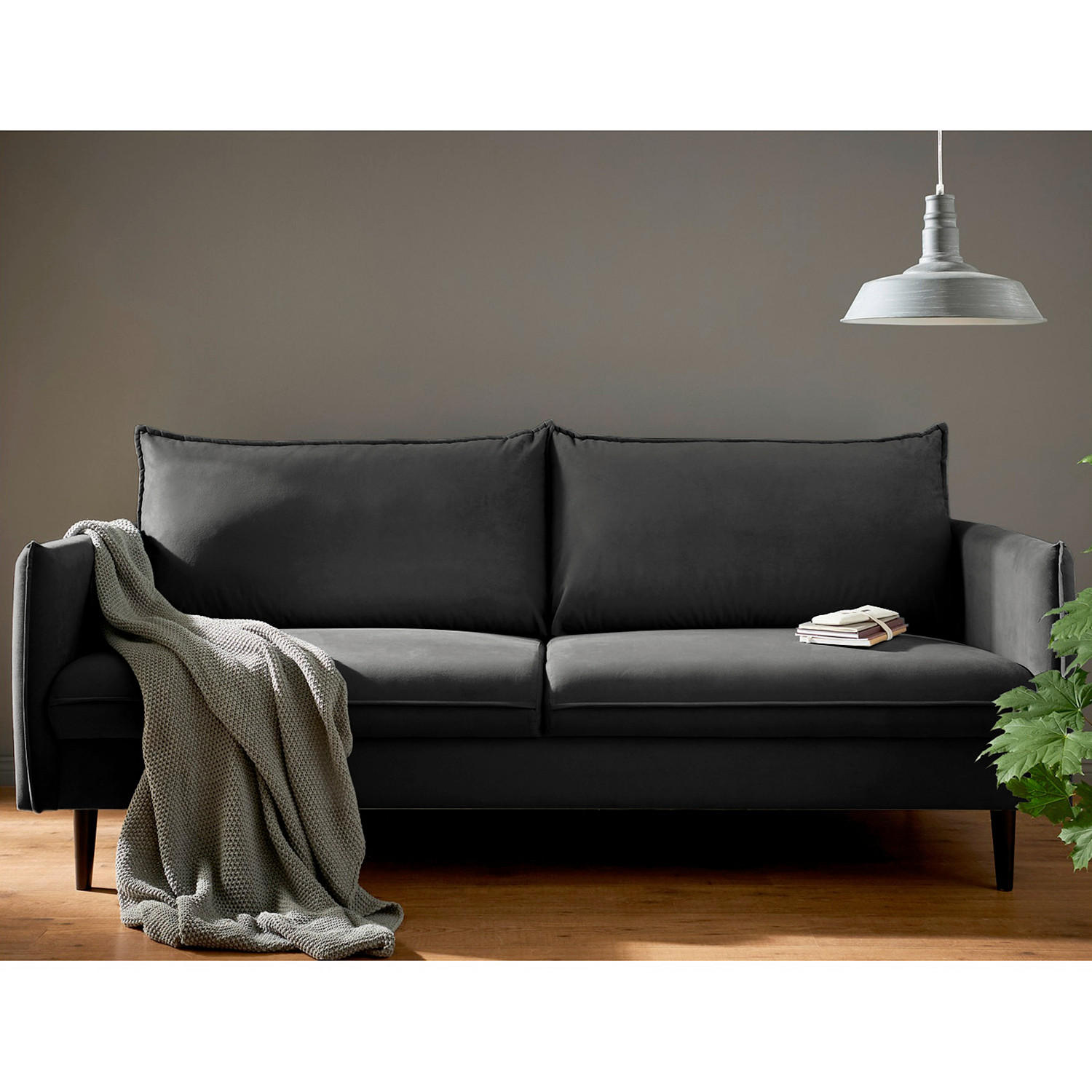 3-SITZER-SOFA Samt Schwarz  - Schwarz, Design, Holz/Textil (203/86/100cm) - P & B