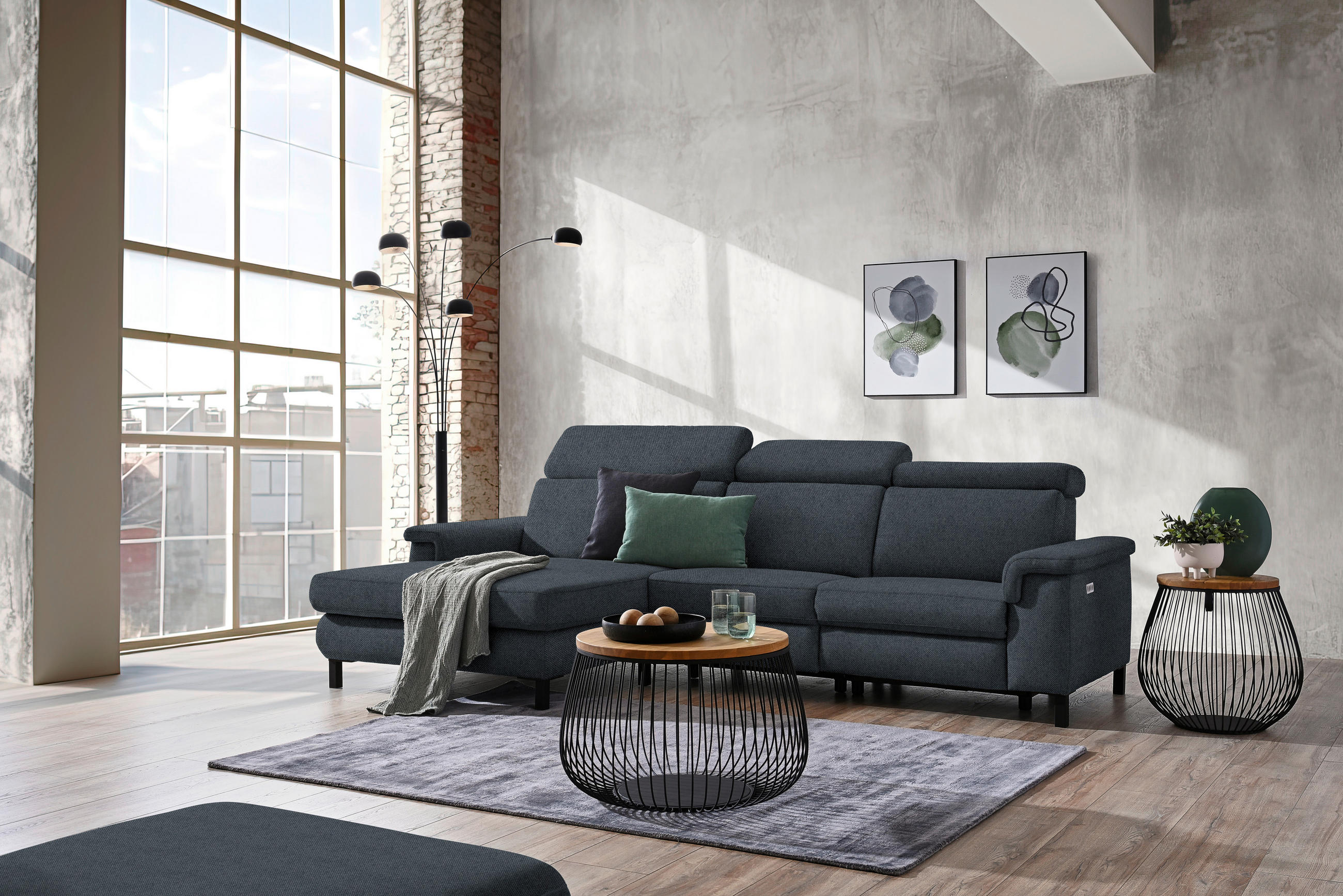 ECKSOFA in Flachgewebe Anthrazit  - Anthrazit/Schwarz, Konventionell, Textil/Metall (182/304cm) - Pure Home Comfort