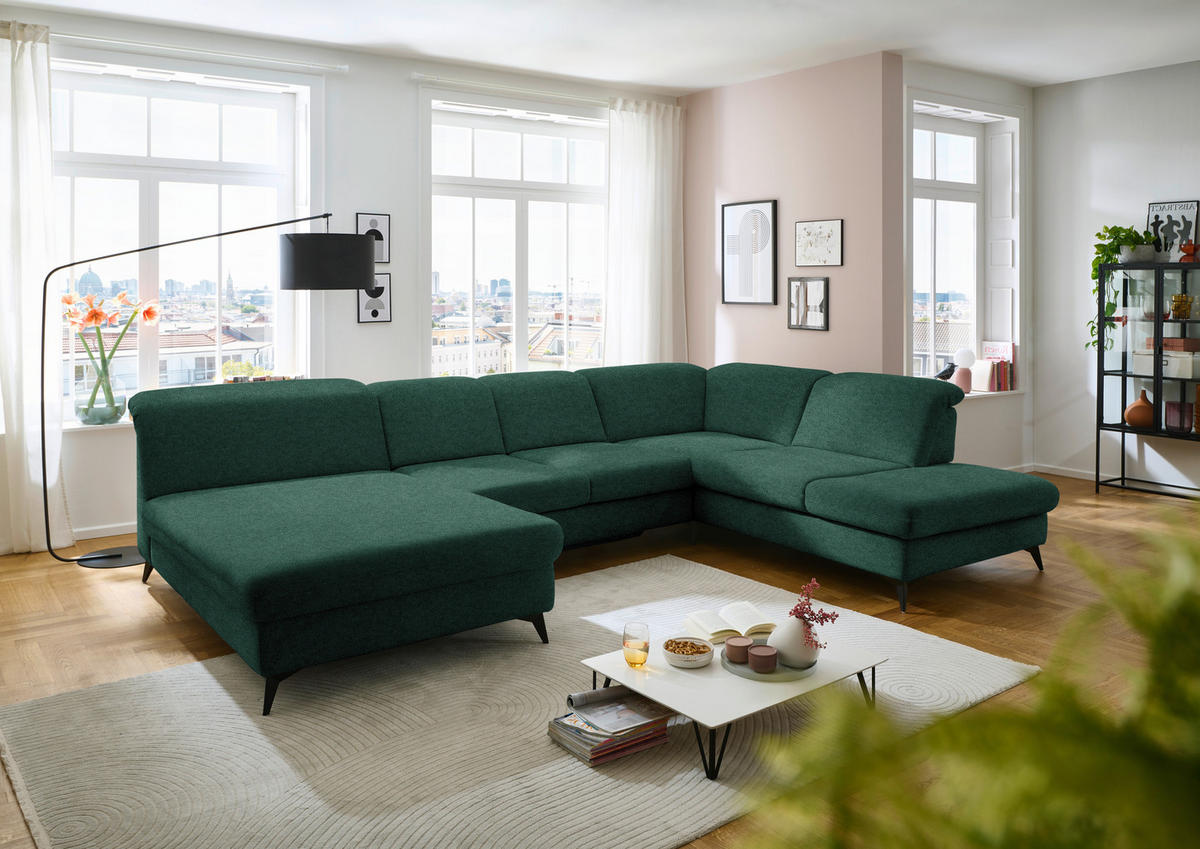 WOHNLANDSCHAFT  in Chenille Waldgrün  - Waldgrün/Schwarz, Design, Textil/Metall (198/369/255cm) - Beldomo Style