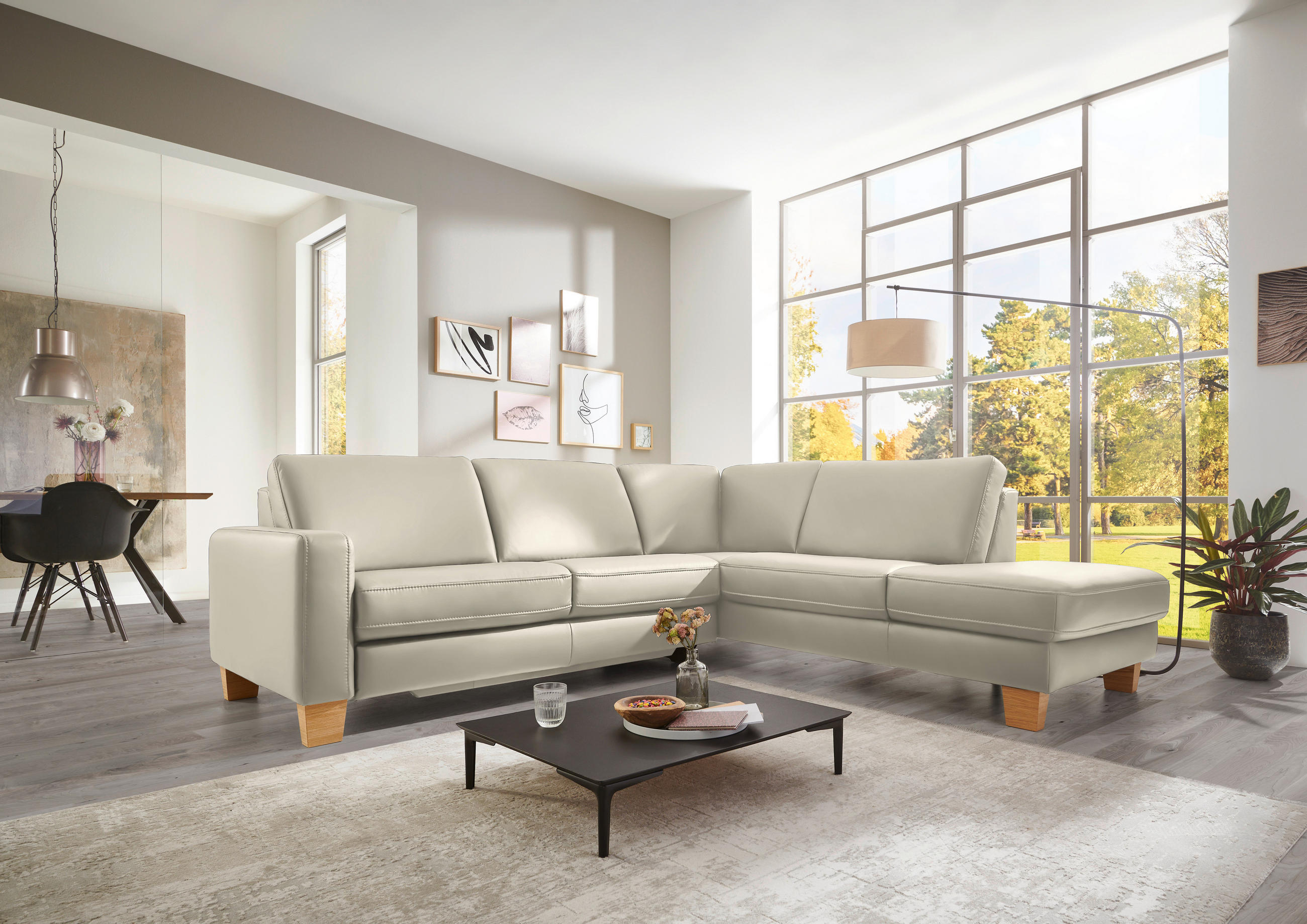 ECKSOFA in Echtleder Ecru  - Ecru/Eiche Bianco, Natur, Leder/Holz (257/235cm) - Valdera