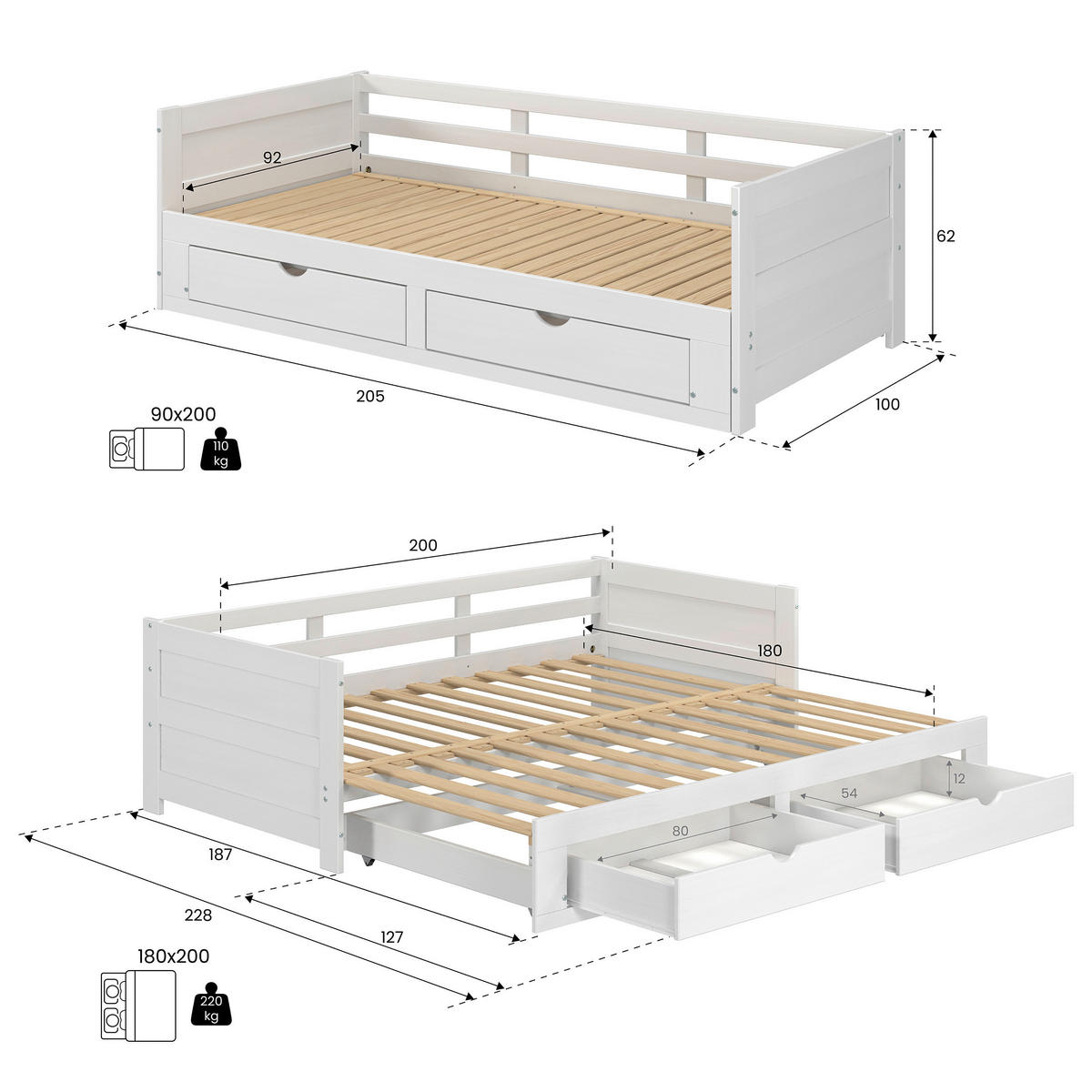 AUSZIEHBETT 200/100 cm Weiss  - Weiss/Naturfarben, Modern, Holz/Holzwerkstoff (200/100cm) - MID.YOU