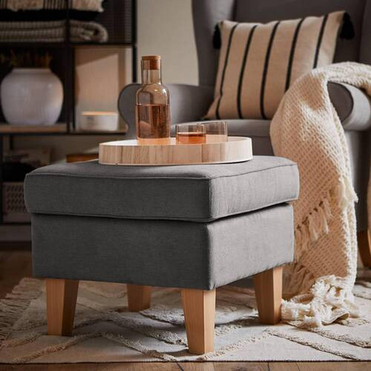 HOCKER in Textil Dunkelgrau  - Eichefarben/Dunkelgrau, Design, Holz/Textil (55/44/55cm) - MID.YOU