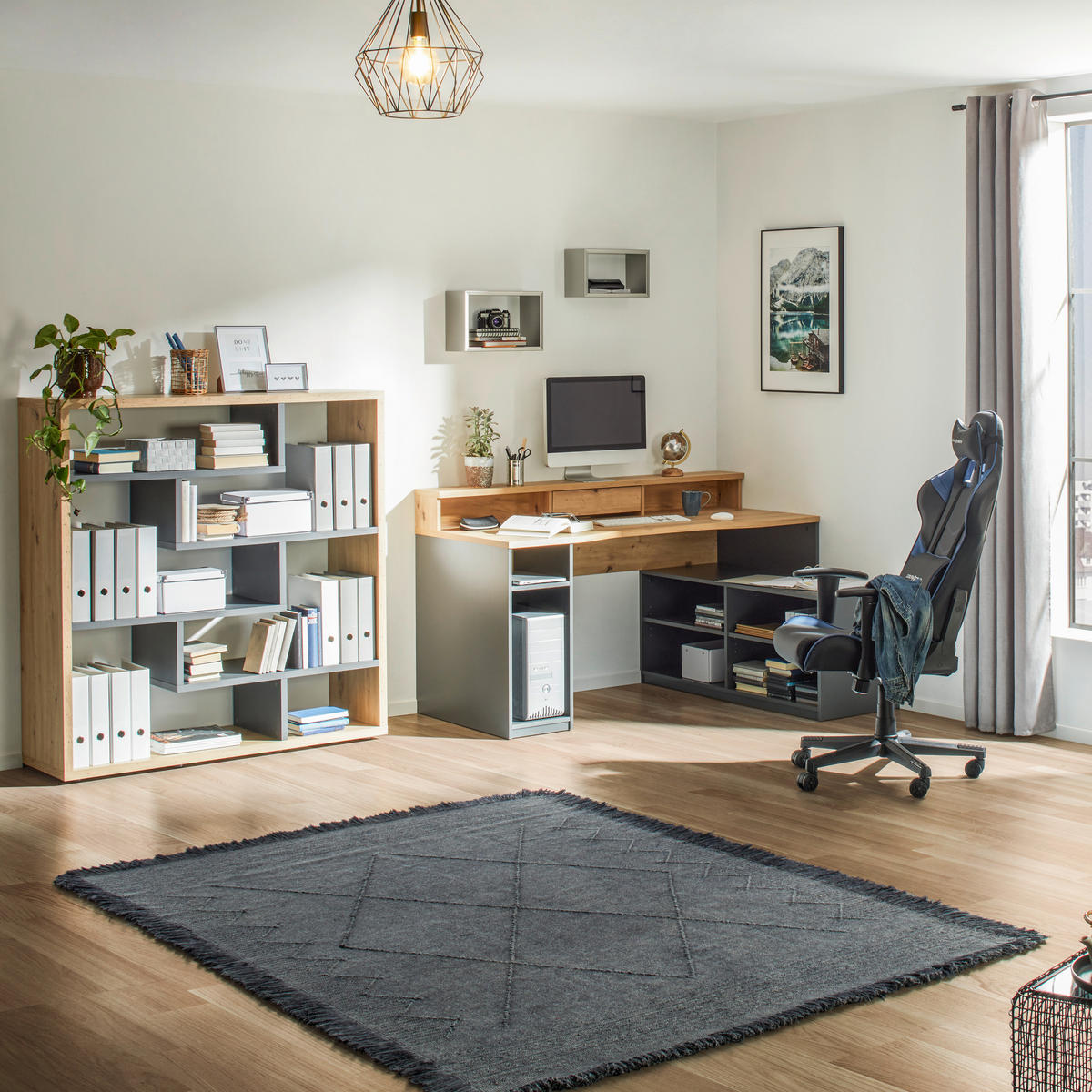 KOTNA PISALNA MIZA leseni material antracit, barve hrasta  - barve hrasta/antracit, Trend, leseni material (160/92,4/120cm) - Carryhome