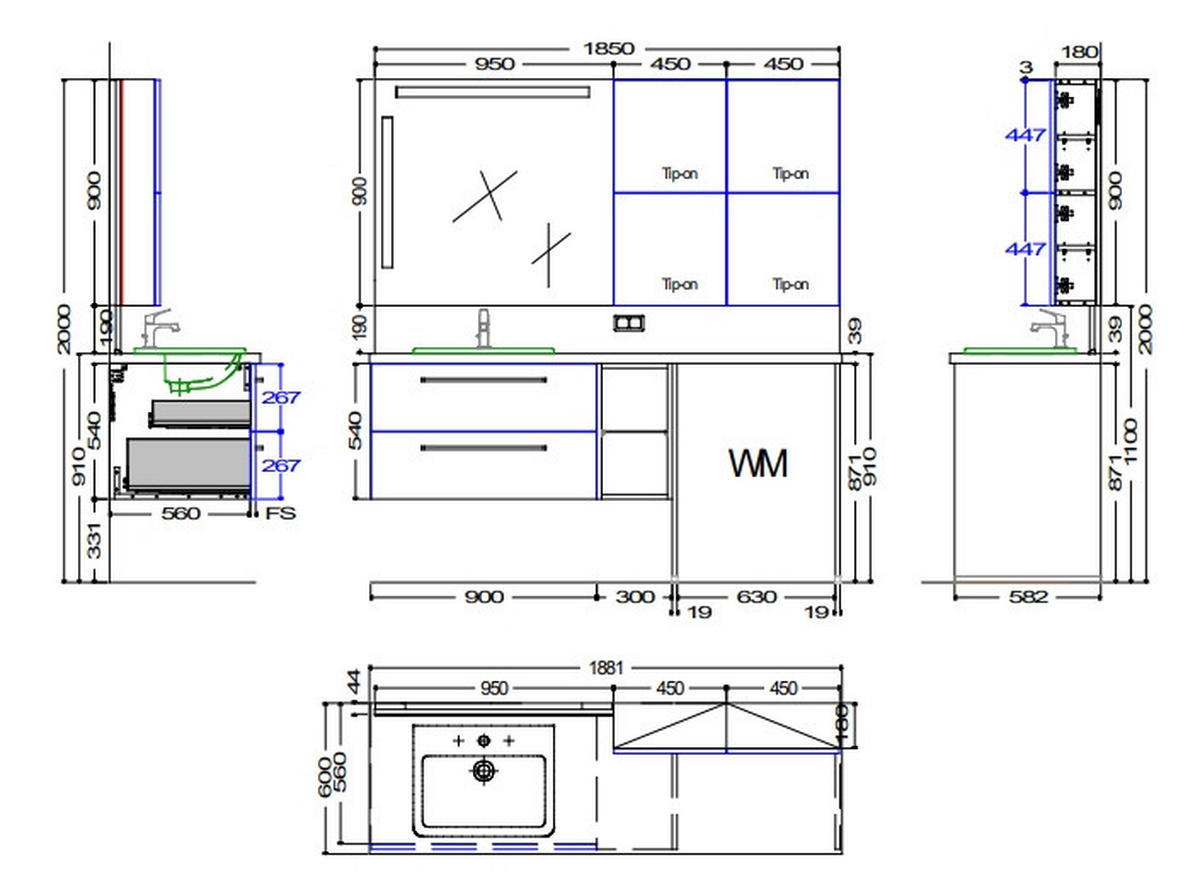 BADEZIMMER  in 188,1 cm  - Chromfarben/Eichefarben, KONVENTIONELL, Glas/Keramik (188,1cm) - Moderano
