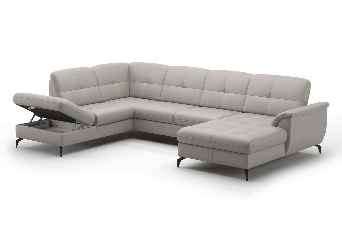 WOHNLANDSCHAFT Hellgrau Echtleder  - Hellgrau/Schwarz, MODERN, Leder/Metall (212/319/164cm) - Sit & More