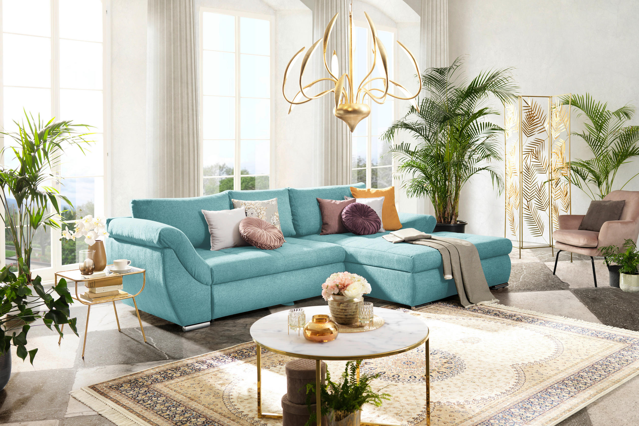 ECKSOFA in Flachgewebe Türkis  - Türkis/Silberfarben, Design, Textil/Metall (306/174cm) - MID.YOU