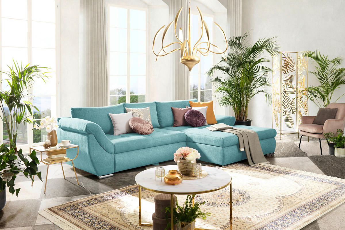 ECKSOFA in Flachgewebe Türkis  - Türkis/Silberfarben, Design, Textil/Metall (306/174cm) - MID.YOU