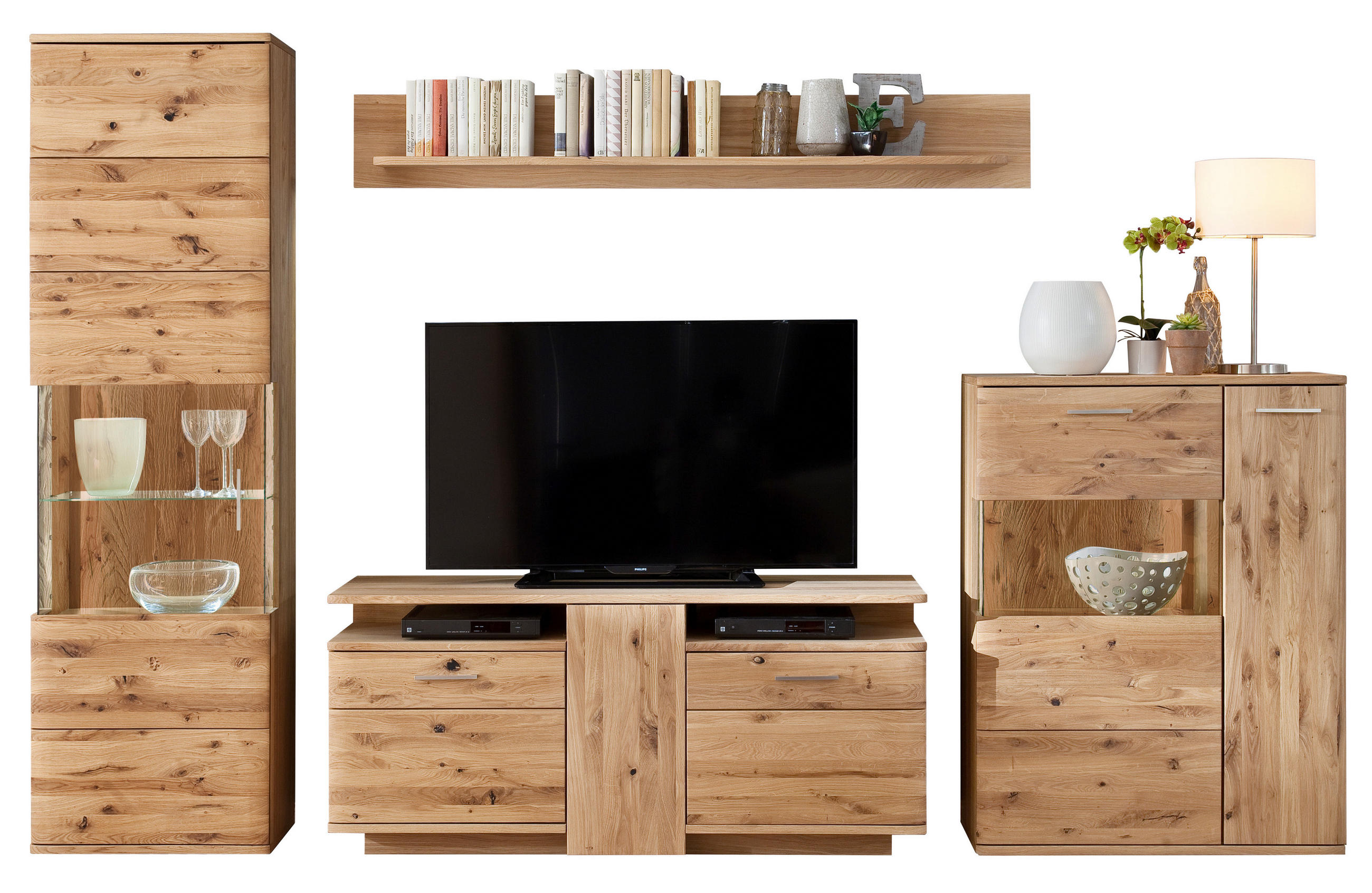 WOHNWAND  in Eichefarben  320/208/45 cm  - Eichefarben/Schwarz, Design, Glas/Holz (320/208/45cm) - Livetastic
