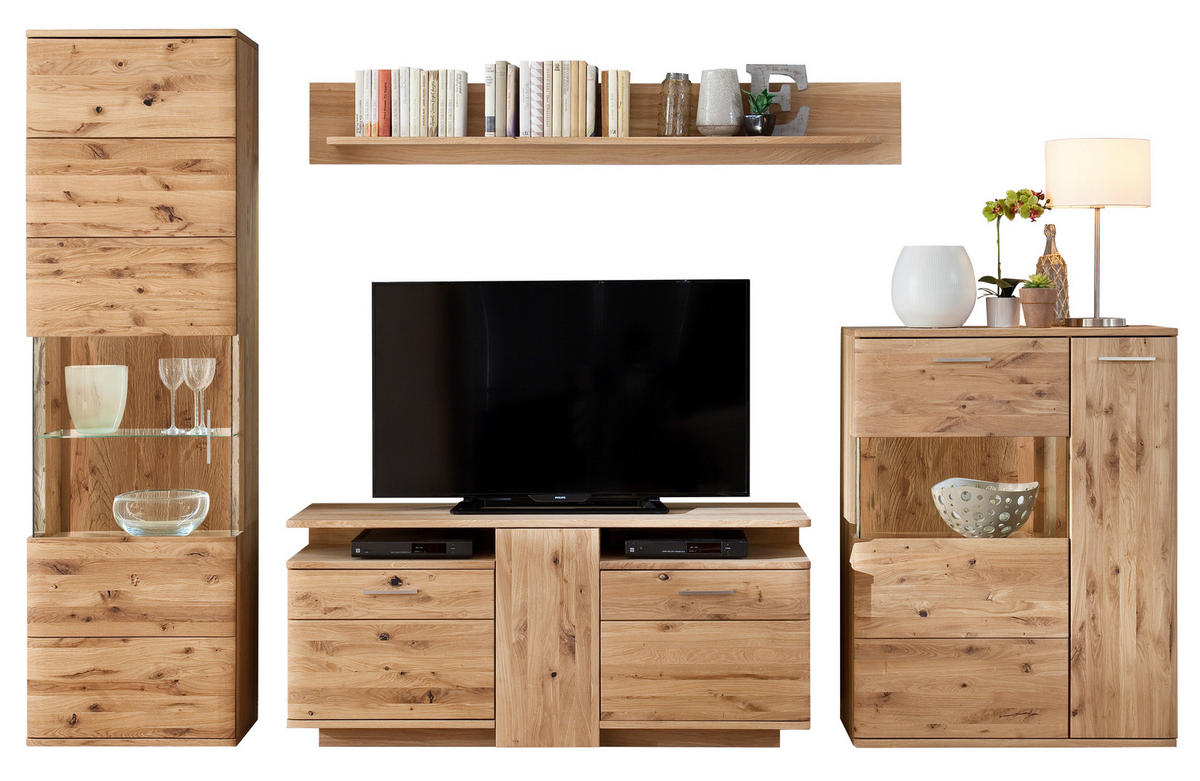 WOHNWAND  in Eichefarben  320/208/45 cm  - Eichefarben/Schwarz, Design, Glas/Holz (320/208/45cm) - Livetastic
