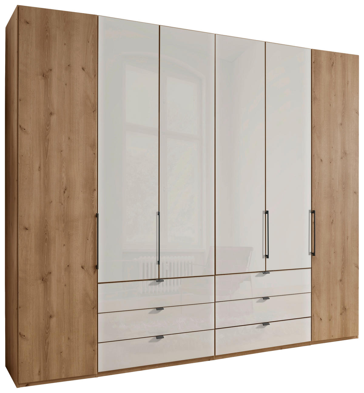 FALTTÜRENSCHRANK 250/216/58 cm 4-türig Champagner, Eiche Bianco  - Schieferfarben/Eiche Bianco, KONVENTIONELL, Glas/Holzwerkstoff (250/216/58cm) - Dieter Knoll