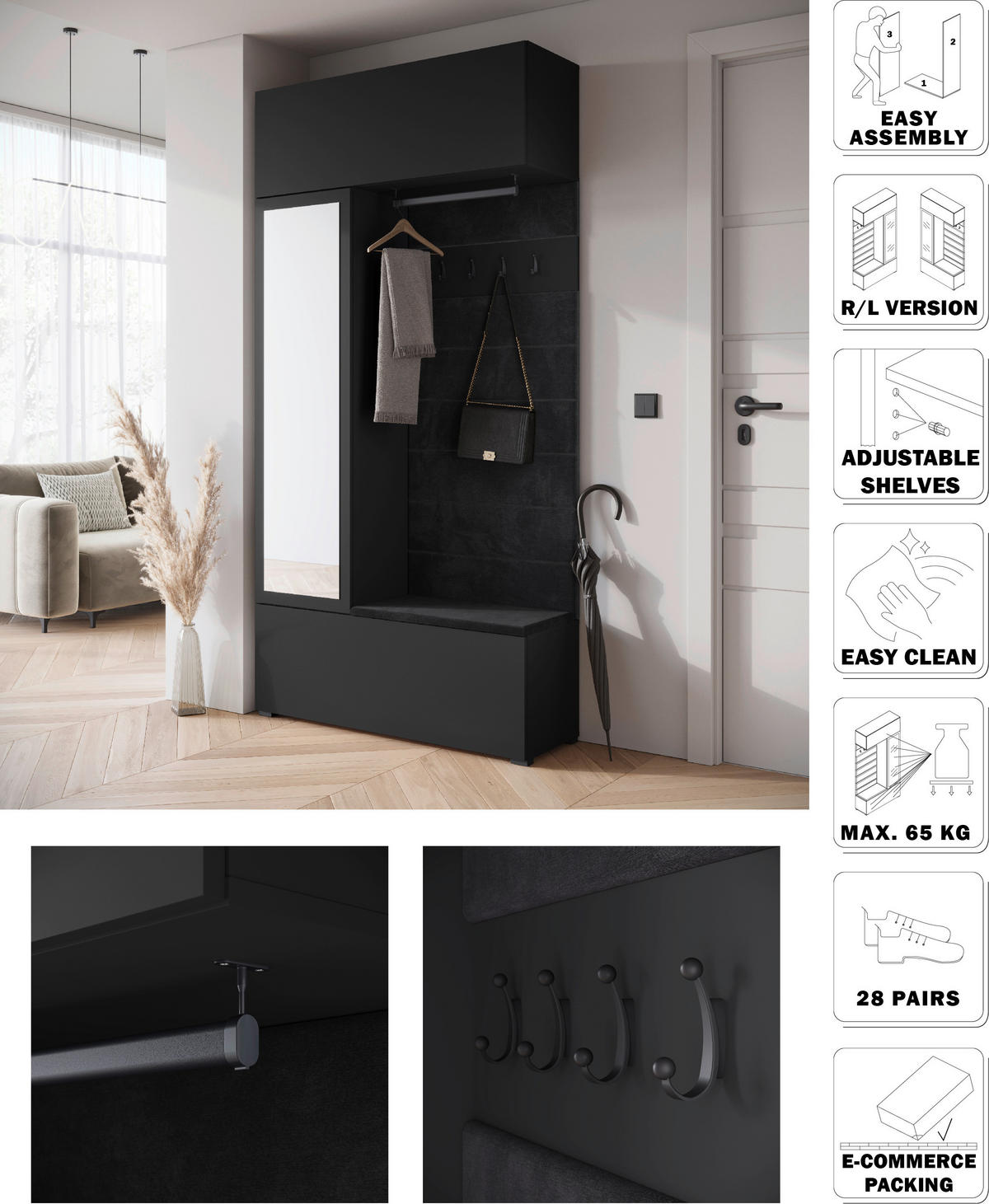 GARDEROBE  in 115/231,9/37,5 cm  - Schwarz, Trend, Holzwerkstoff (115/231,9/37,5cm) - Livetastic