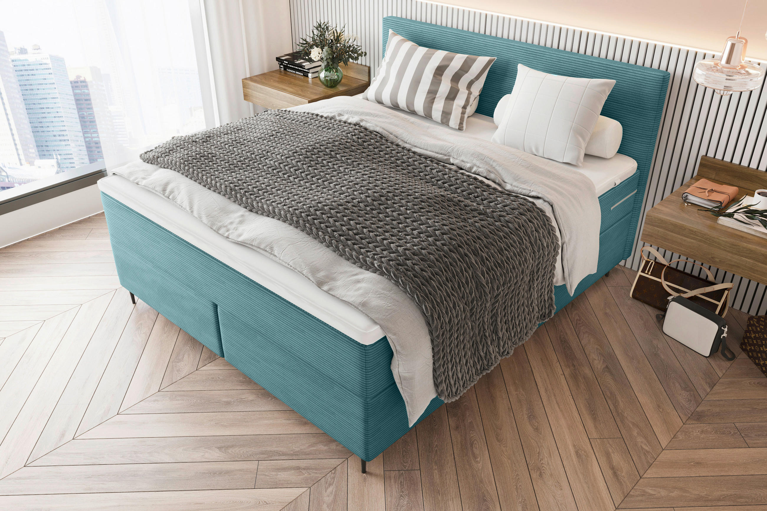 Thumbnail - Boxxx Boxspringbett, Türkis, Textil, H3, Höhe ca. 19 cm, 180x200 cm, gepolstertes Kopfteil, Stoffauswahl, Topper durchge...