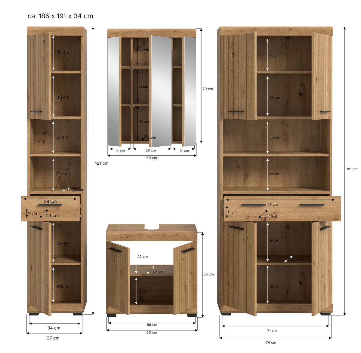 BADEZIMMER 4-teilig  in 171 cm  - Schwarz/Eiche Artisan, Trend, Glas/Holzwerkstoff (171cm) - MID.YOU