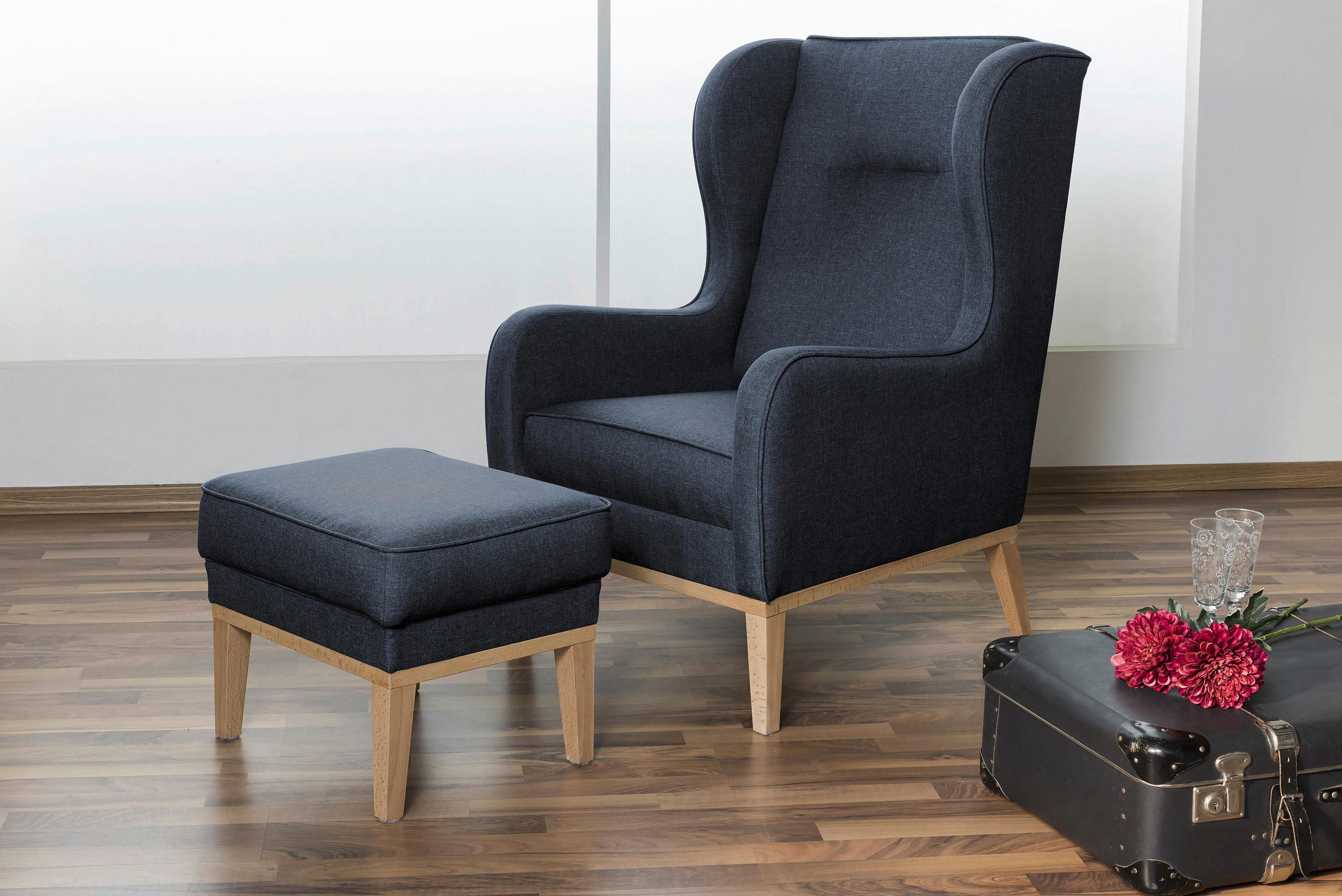 HOCKER in Textil Dunkelblau  - Naturfarben/Dunkelblau, Konventionell, Holz/Textil (50/41/41cm) - Max Winzer