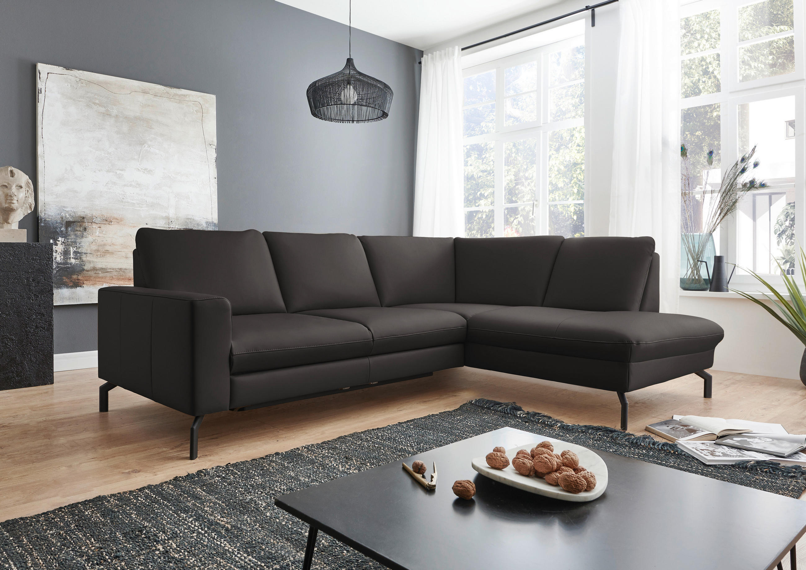 ECKSOFA in Echtleder Dunkelgrau  - Dunkelgrau/Schwarz, Design, Leder/Metall (250/194cm) - Beldomo Premium