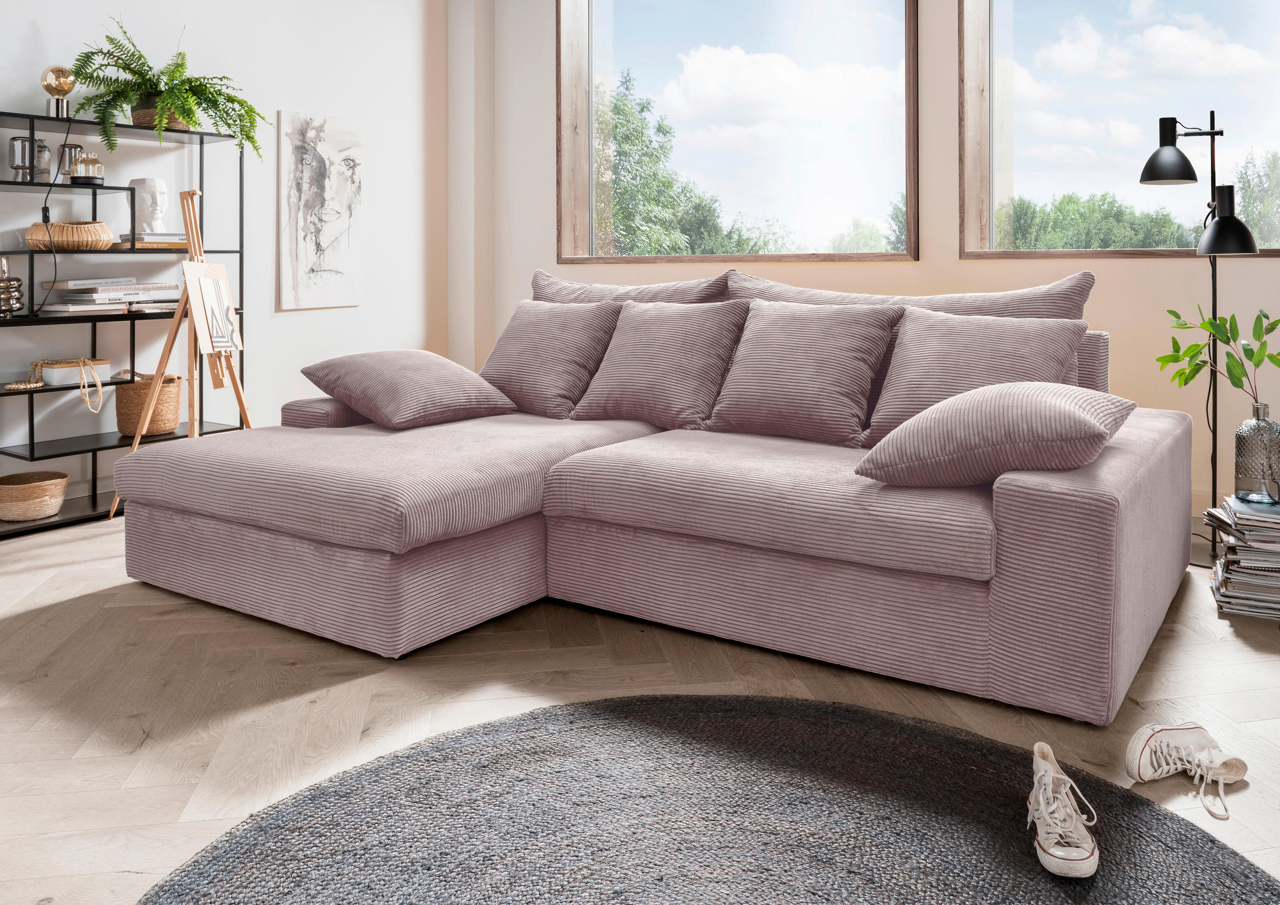 ECKSOFA in Cord Rosa  - Schwarz/Rosa, Modern, Kunststoff/Textil (200/278cm) - Livetastic