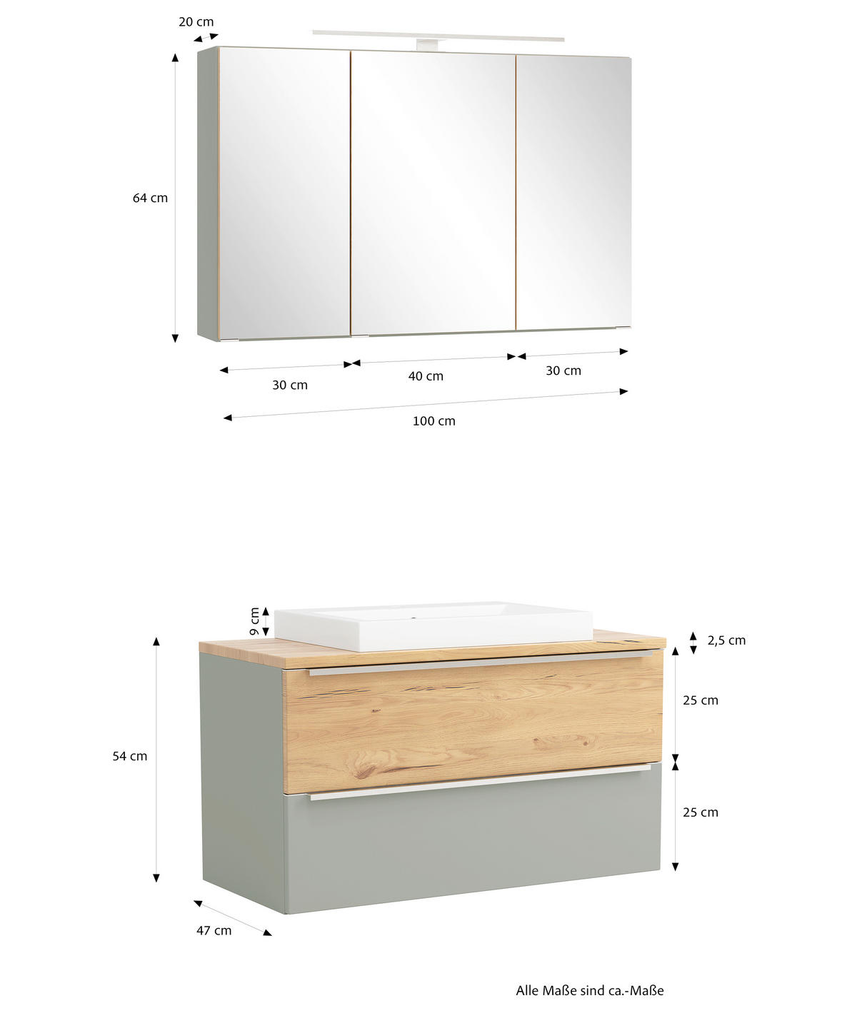 BADEZIMMER 2-teilig  in  - Schilfgrün/Wildeiche, Trend, Glas/Holzwerkstoff (100/200/47cm) - Held