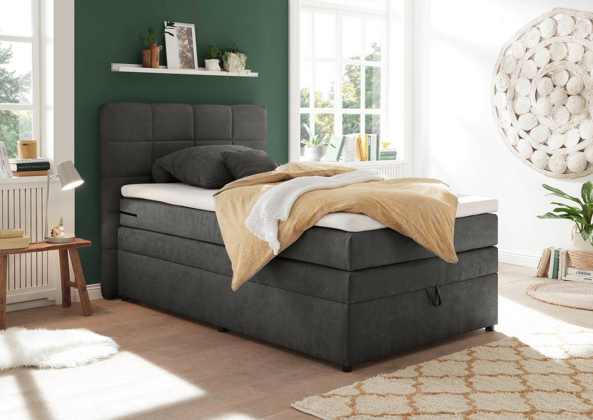 BOXSPRINGBETT 120/200 cm,  in Anthrazit, Topper, Bettkasten, Matratze, H2 = mittel  - Anthrazit, KONVENTIONELL, Kunststoff (120/200cm) - MID.YOU
