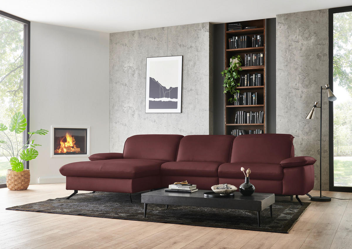ECKSOFA  Echtleder Beere  - Beere/Schwarz, Design, Leder/Metall (169/307cm) - Beldomo Premium