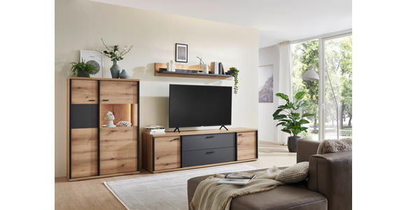 WOHNWAND  in Schwarz, Eichefarben, Dunkelgrau  312/179/50 cm  - Eichefarben/Dunkelgrau, KONVENTIONELL, Glas/Holzwerkstoff (312/179/50cm) - Xora