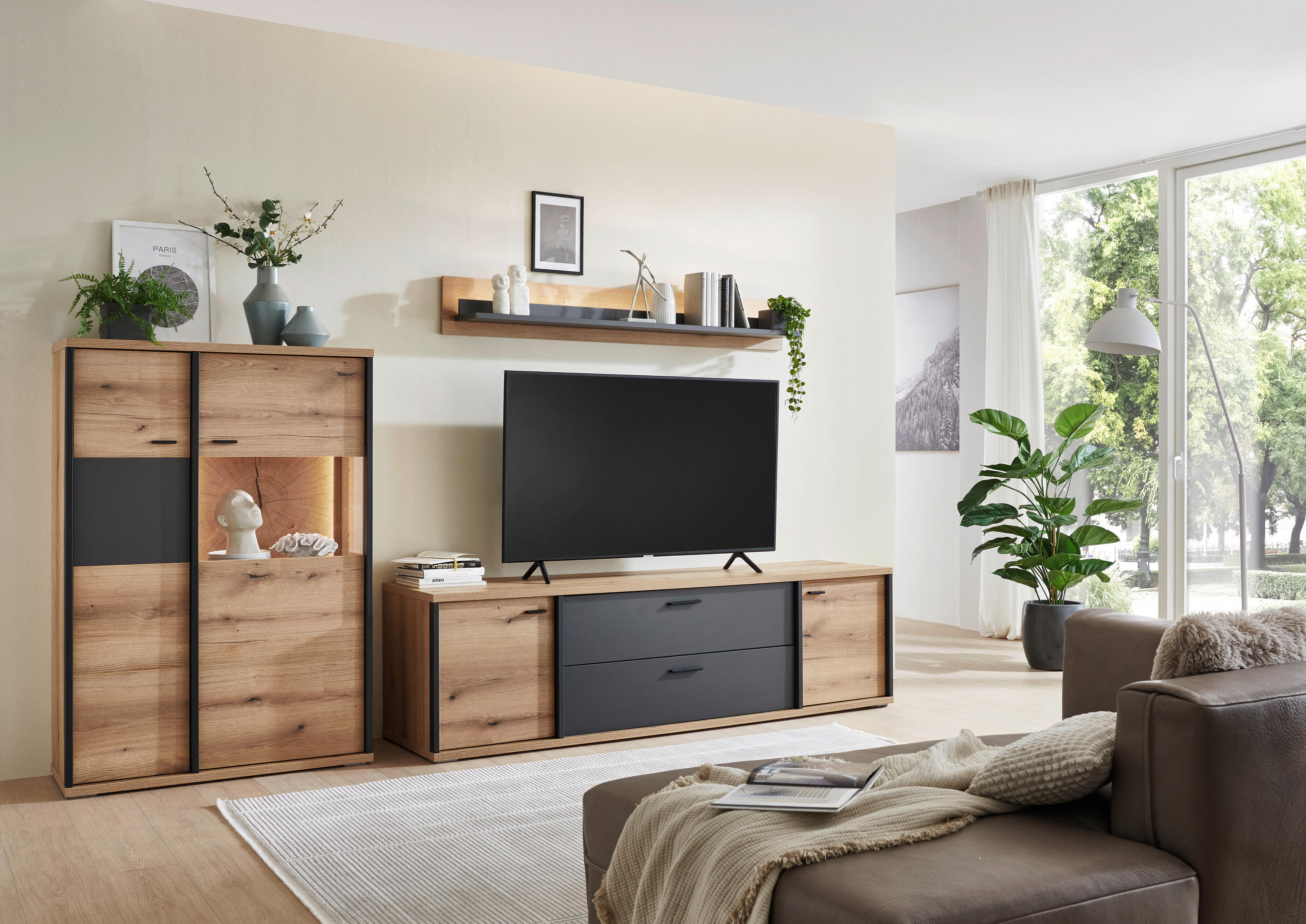 Thumbnail - Xora Wohnwand, Schwarz, Eiche, Dunkelgrau, Metall, 8 Fächer, 2 Schublade(n) Schubladen, 312x179x50 cm, Beimöbel erhältli...